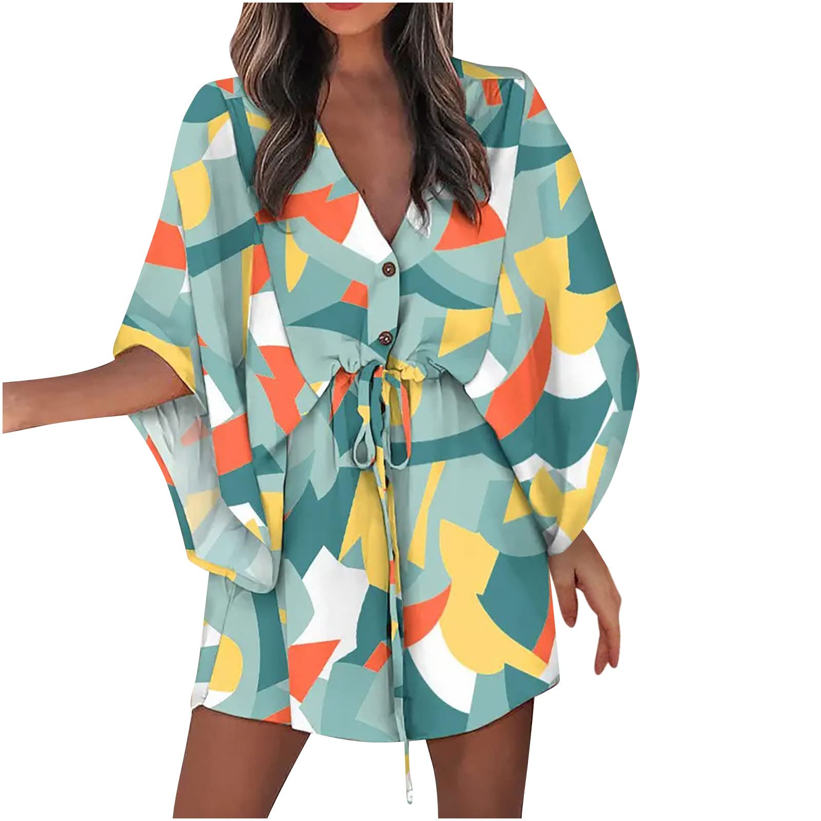 Women's Summer Sundress - Casual Button Front Printed V-Neck Loose Fit Half Sleeve Dress with Drawstring & Pockets | Elegant Sexy Flowy Maxi Dress for Beach, Vacation, Date Night and Outdoor Activities