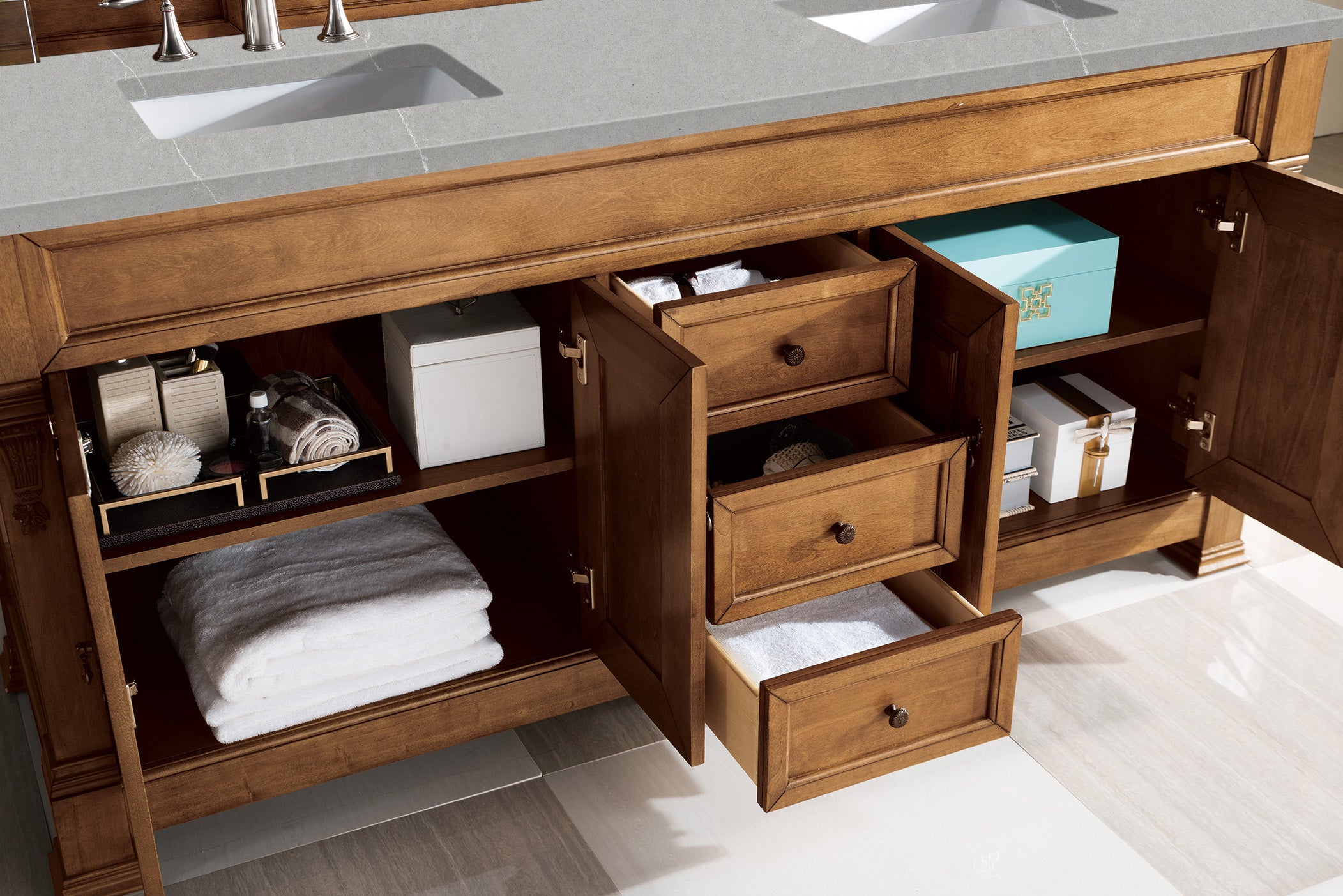 Brookfield 72 Inch Double Vanity with Country Oak Finish and 3CM Eternal Serena Quartz Top - Perfect for Modern Farmhouse & Rustic Bathroom Decor