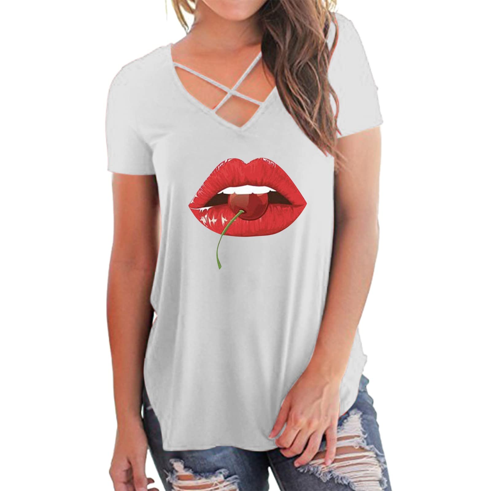 Women's V-Neck Short Sleeve Criss Cross Tunic Top - Casual Summer Tank Blouse with Cherry Red Lip Print (White, XXL) | Perfect for Beach Outings, Date Nights & Summer Vacations
