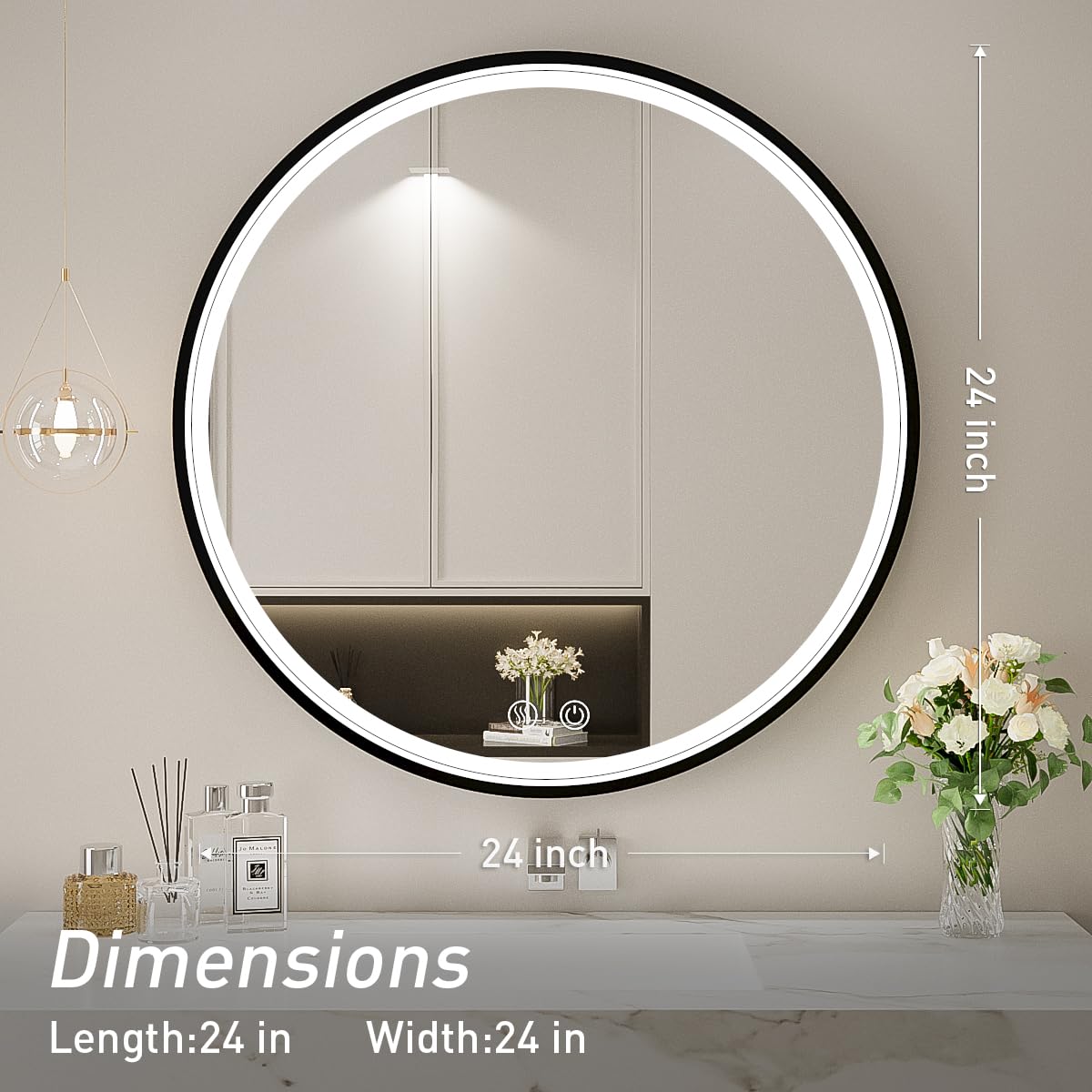 24 Inch Round LED Bathroom Mirror with Anti-Fog & Dimmable Touch Switch - Black Metal Frame Vanity Mirror, Waterproof IP54, 90+ CRI - Perfect for Makeup, Shaving & Home Decor