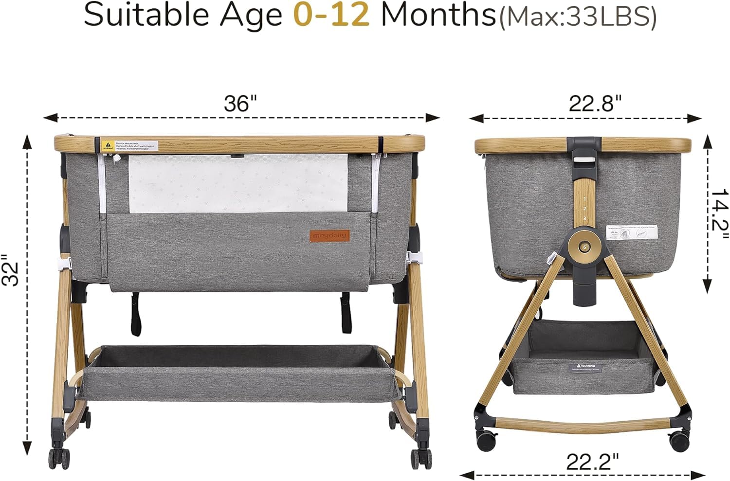 **Maydolly 3-in-1 Baby Bassinet & Bedside Sleeper – Portable Crib with Storage Basket, Wheels & Easy Fold – Newborn to Infant Grey – Perfect for Nursery, Travel & Co-Sleeping**