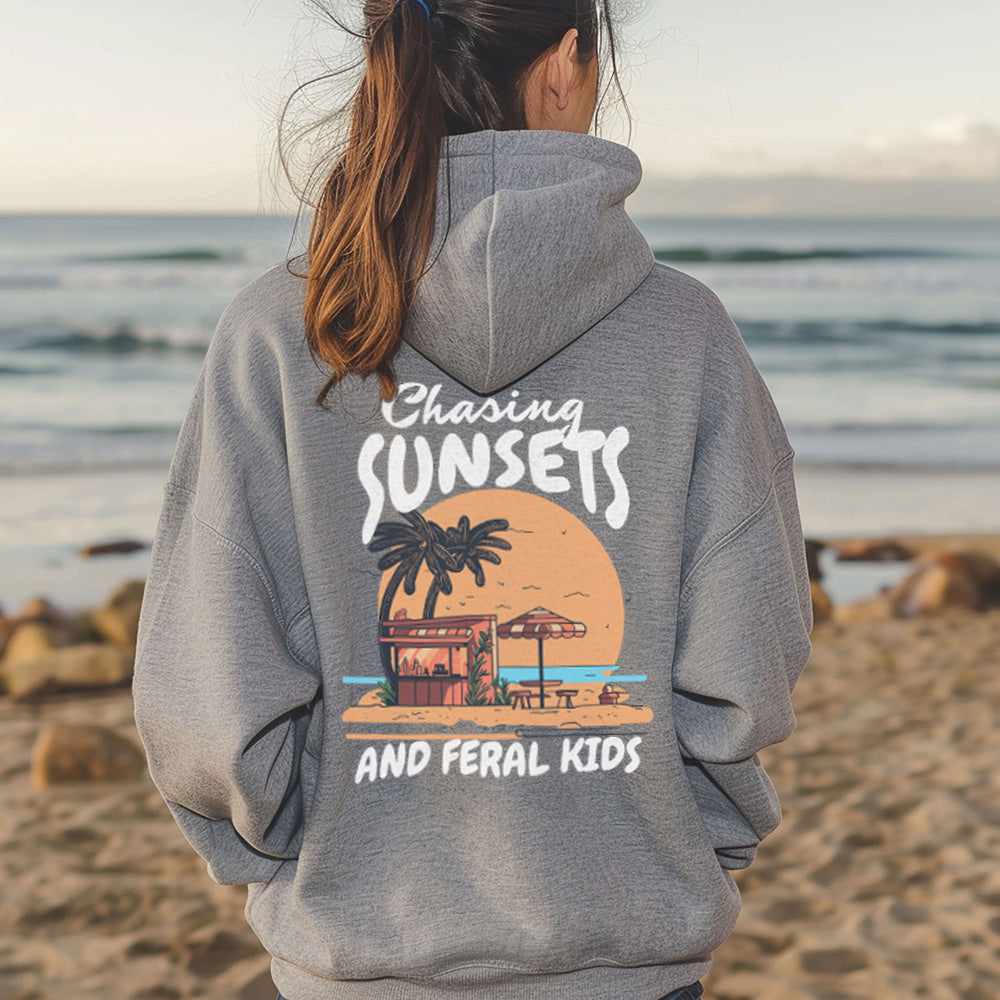 Chasing Sunsets & Feral Kids Pullover Hoodie - Cozy Fleece Sweatshirt for Men & Women - Perfect for Casual Wear, Street Style & Outdoor Adventures