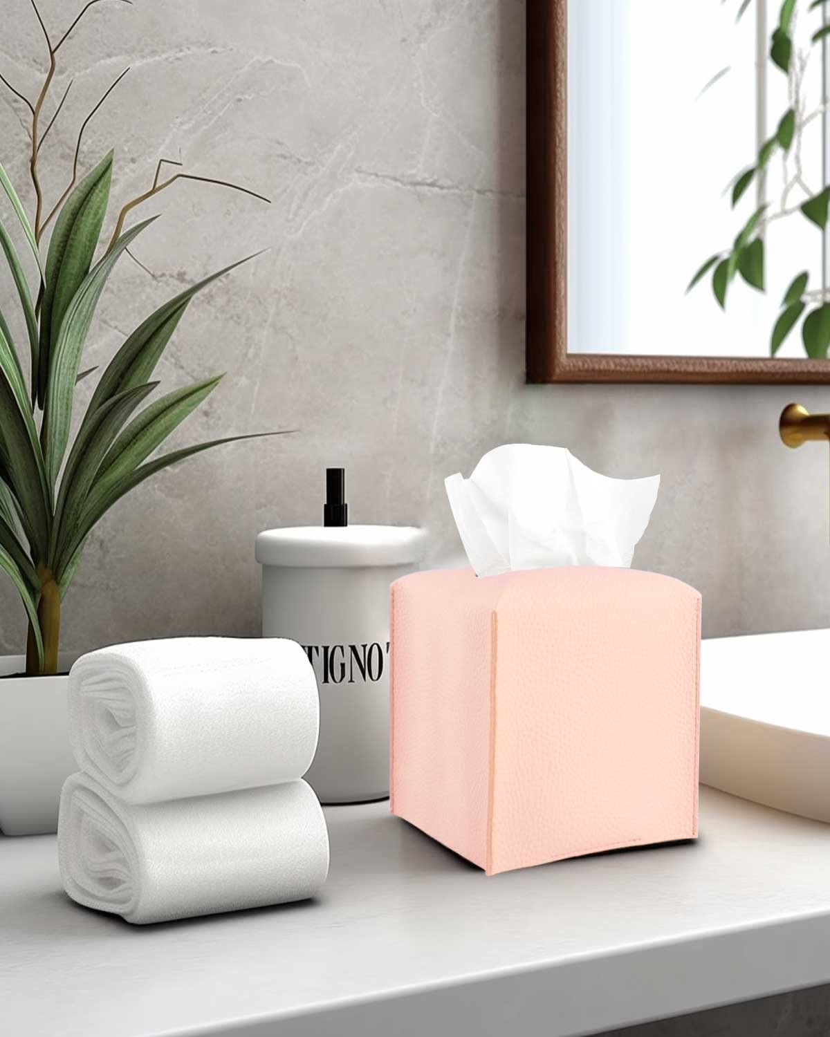 Elegant Pink PU Leather Tissue Box Cover with Bottom Belt - Modern Decorative Holder for Bathroom Vanity, Nightstand & Office Desk | Perfect for Home Decor, Gift Giving & Organization