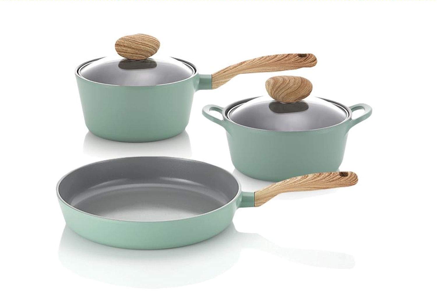 Neoflam 5-Piece Non-Stick Induction Cookware Set - IH Compatible Aluminum Die Cast Pasta Pot, Stock Pot & Frying Pan (Green) - Perfect for Pasta Cooking, Soup Making & Everyday Frying