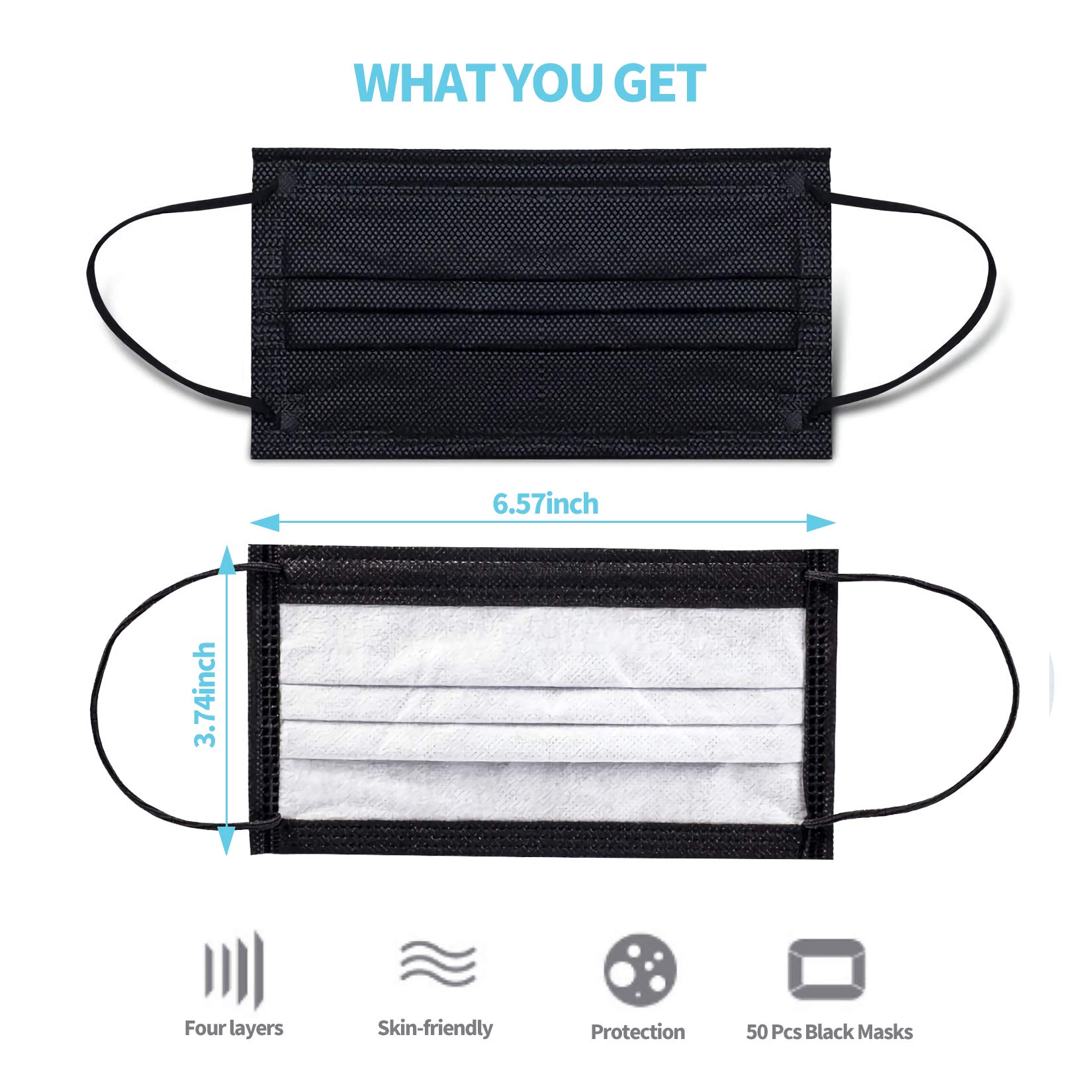 Black Disposable Face Masks 4-Layer Protection 50Pcs - Breathable Dust Masks for Adults | Daily Use & Travel