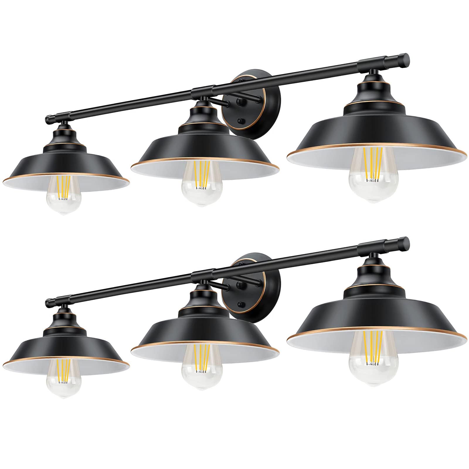 Vintage Farmhouse Wall Sconce Lighting - Industrial Black 3-Light Bathroom Vanity Mirror Fixture, Rustic Metal Dressing Table Lamp for Cabinets (2 Pack) - Perfect for Farmhouse, Industrial & Vintage Style Bathrooms, Bedrooms and Dressing Areas