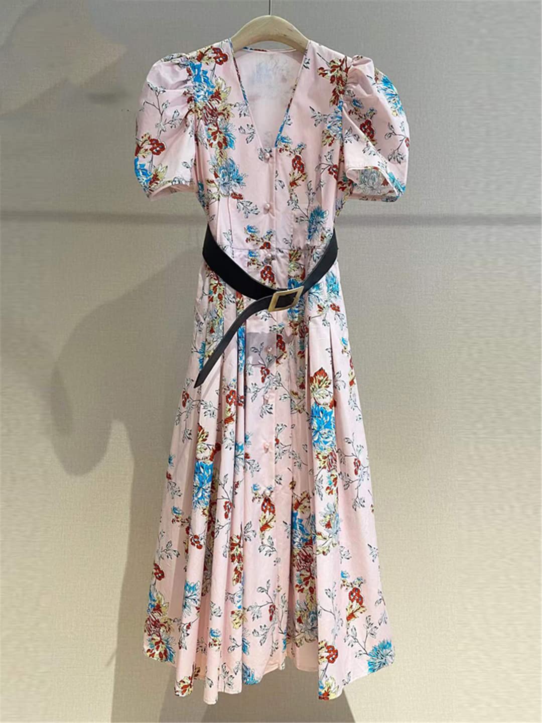 100% Cotton Women's Summer Dress 2023 - Designer Fashion Puff Sleeve V-Neck Floral Print Midi Belt Party Dress for Beach Vacation, Wedding Guest & Casual Outings