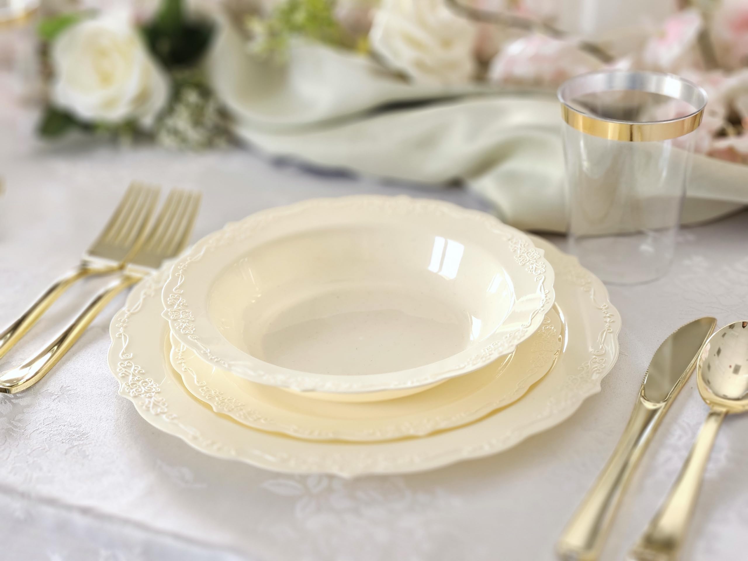 240-Pack Disposable Plastic Plates - 10 Inch Ivory Dinner Plates for Weddings, Parties & Events | Elegant Verona Plain Design | Bulk Disposable Tableware for Catering, BBQs & Special Occasions