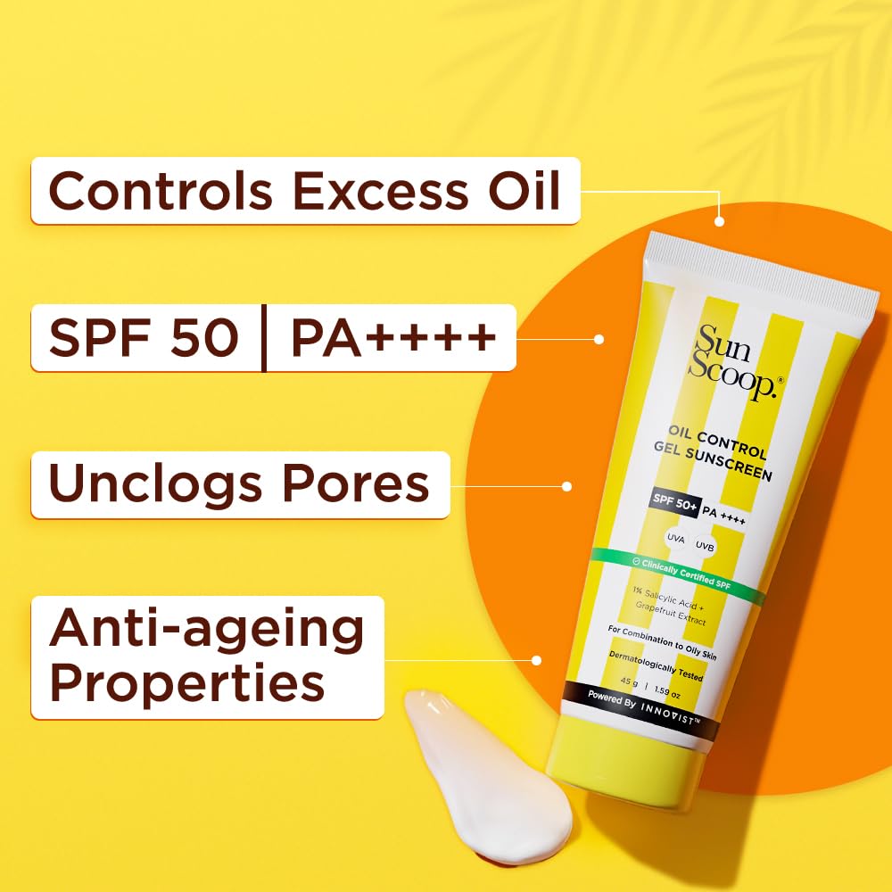 Sunscoop Oil-Control Gel Sunscreen SPF 50+ PA++++ | Mineral & Petroleum Free | Mattifying Face Sunscreen for Oily Skin | Lightweight Non-Greasy Formula | Pore Unclogging & Anti-Aging | 45g | Perfect for Outdoor Activities, Beach Days & Daily Sun Protection