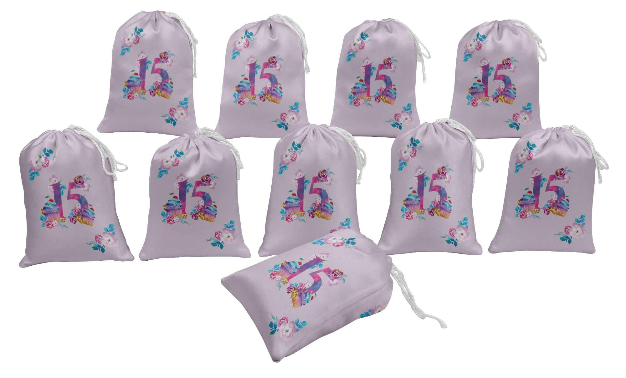 15-Piece Purple Floral Quinceañera Favor Bags | Elegant Party Gift Pouches for Sweet 15 Celebrations, Bridal Showers & Special Occasions