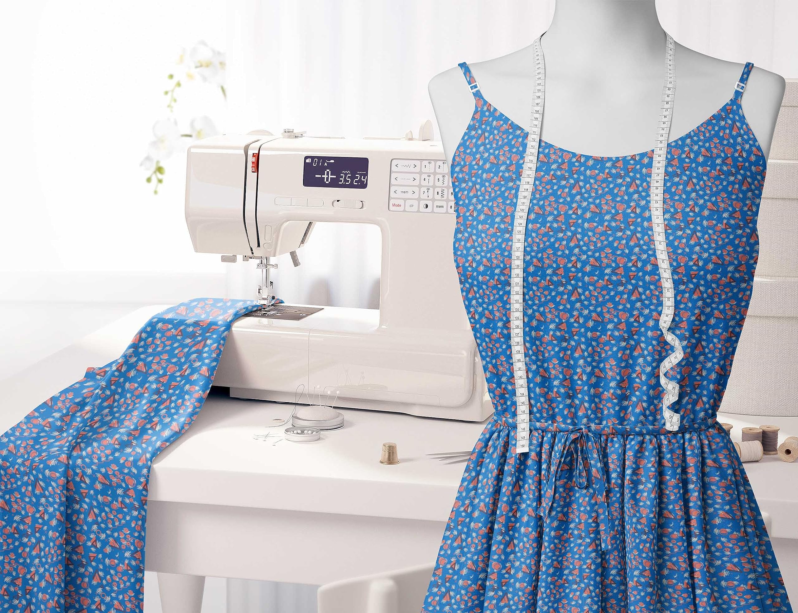 Soimoi Moss Georgette Blue Fabric by The Yard - 42 Inch Wide Geometric Printed Fabric with Circle & Triangle Pattern - Lightweight Textile for DIY Crafts, Dresses, Curtains & Home Decor Projects