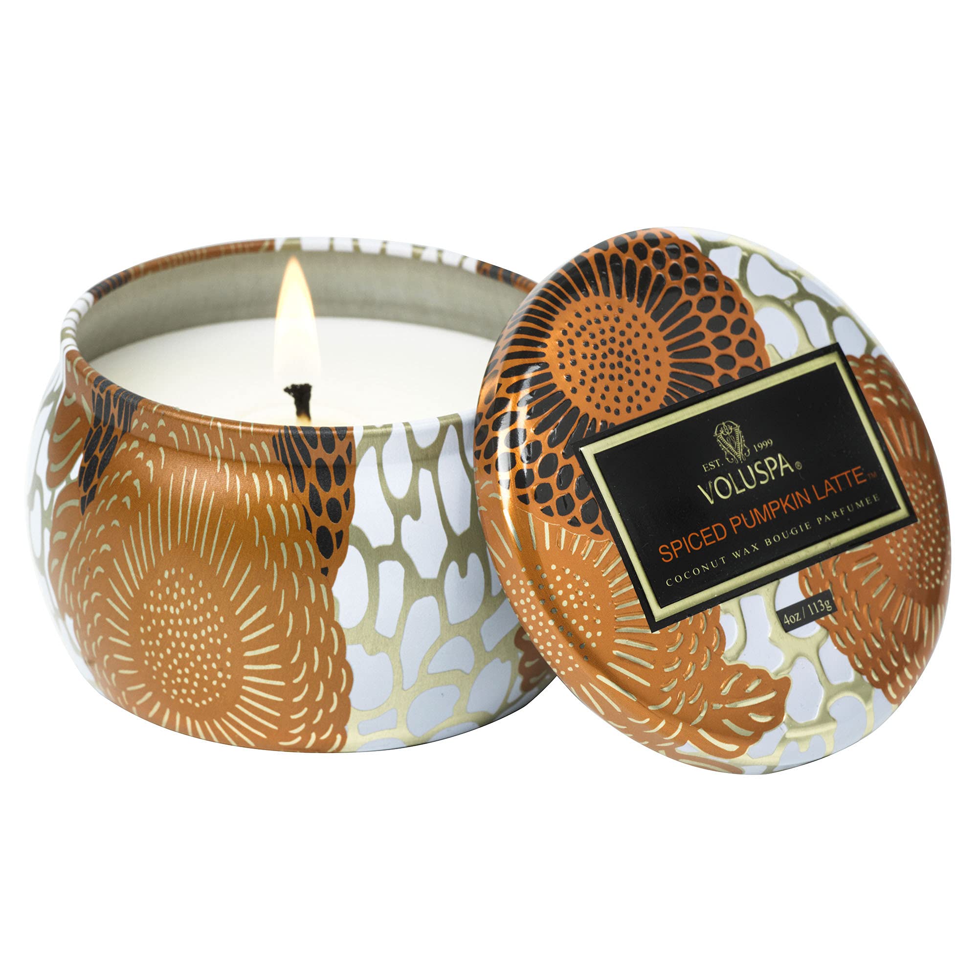 Voluspa Spiced Pumpkin Latte Scented Candle - Mini Tin 4oz | Clean Burning Coconut Wax | Fall Home Decor, Cozy Gift for Thanksgiving & Christmas