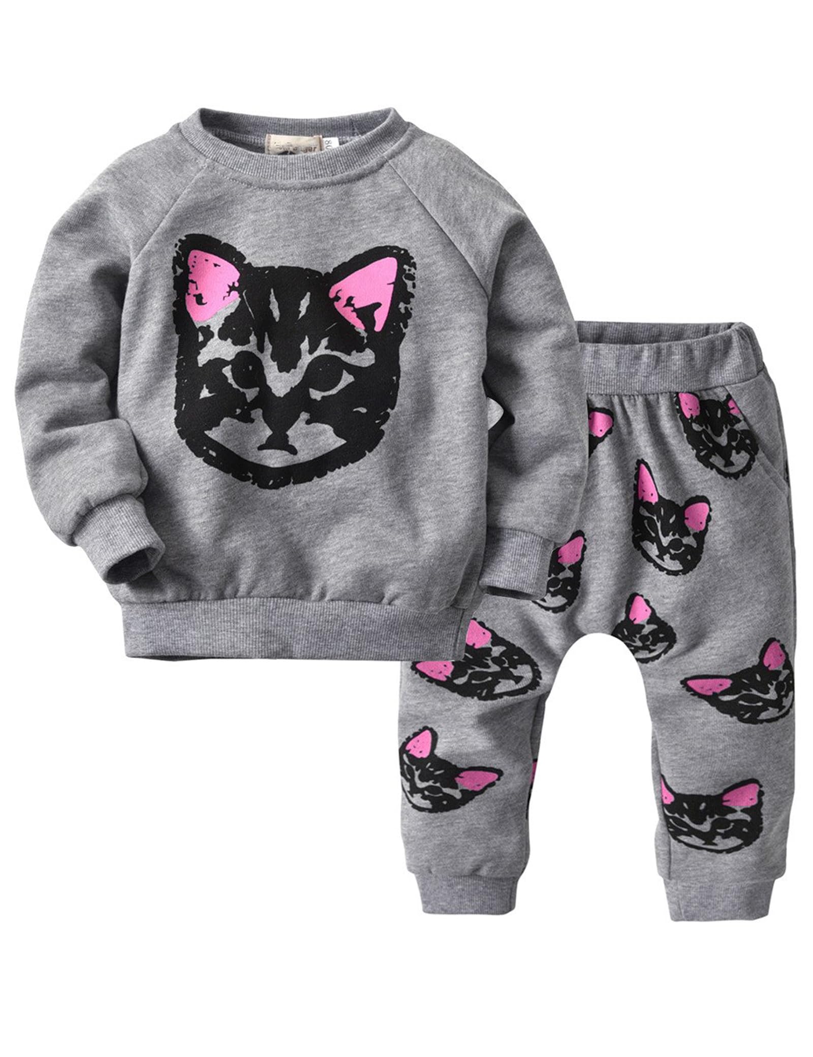 Puseky Cute Cat Sweatshirt & Pants Tracksuit Set for Toddler Girls - Soft Cotton Kids Outfit for Playdates, School & Casual Wear