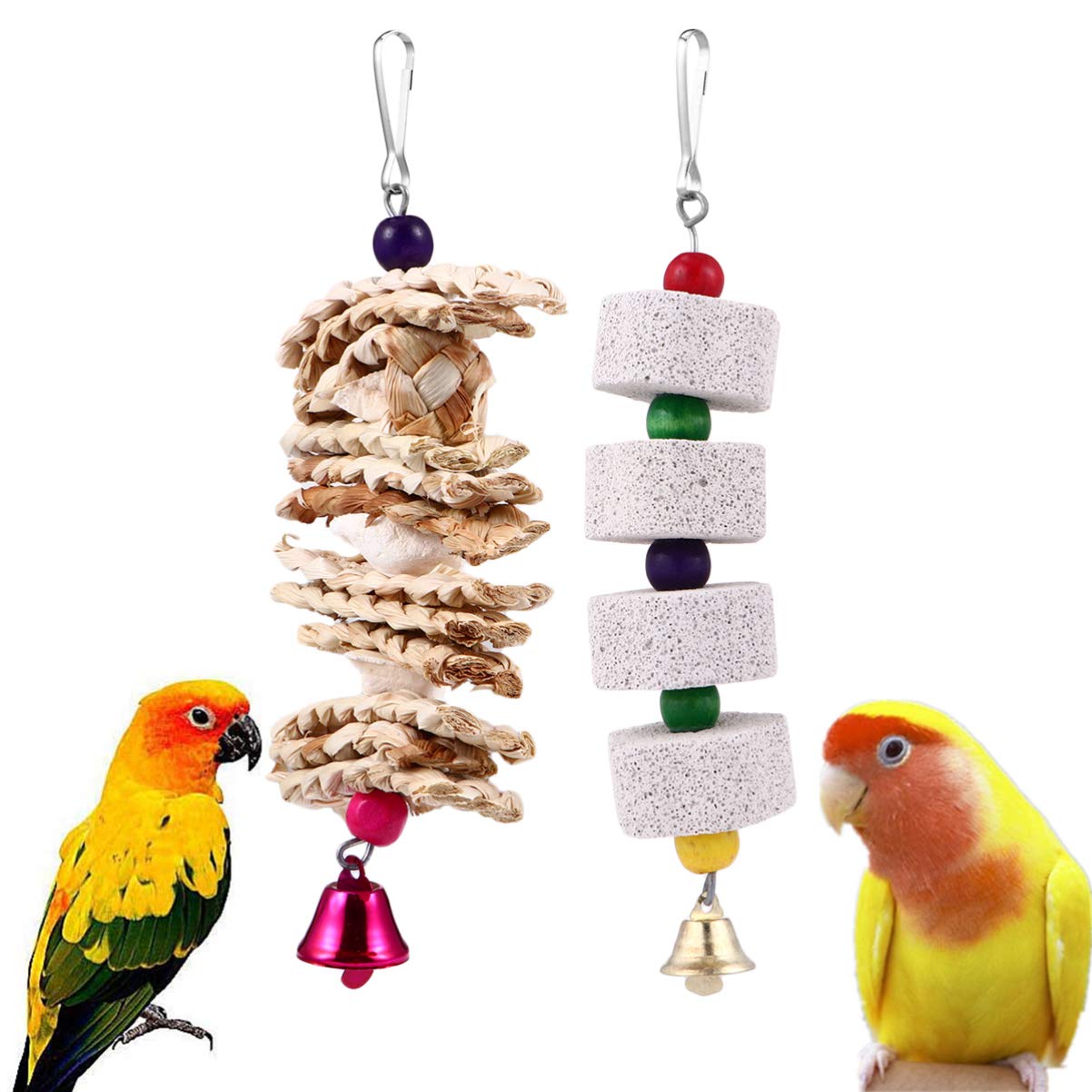 Balacoo Parrot Chew Toys - 2 Pack Woven Grass Molar Chewing Toys with Bell for Teeth Grinding & Bite Care | Hanging Cage Hammock Toys for Parakeets & Pet Birds | Perfect for Cage Enrichment & Beak Maintenance