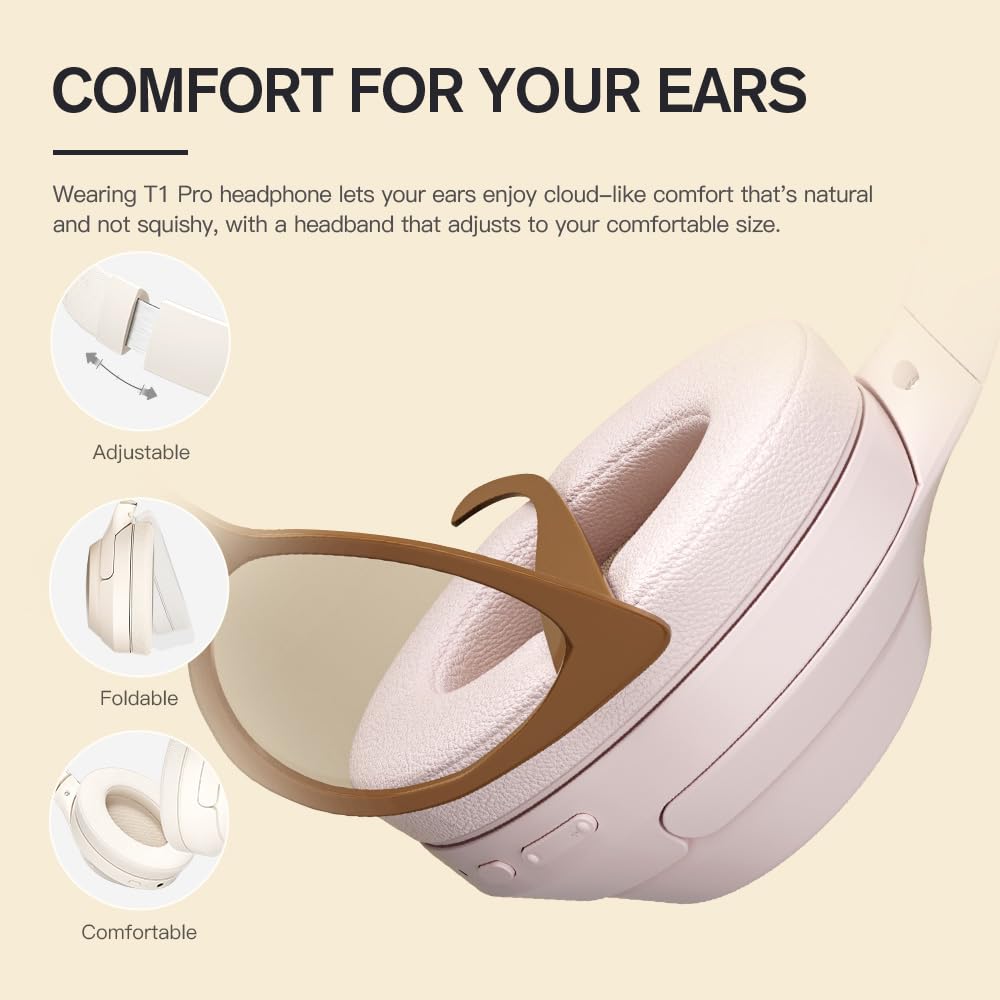 iKF T1 Pro Wireless & Wired Bluetooth Headphones with Noise Cancelling Mic, 100H Playtime, Hi-Fi Stereo Bass, Dual Device Pairing for iOS/Android - Perfect for Workouts, Commuting & Gaming (Pink)