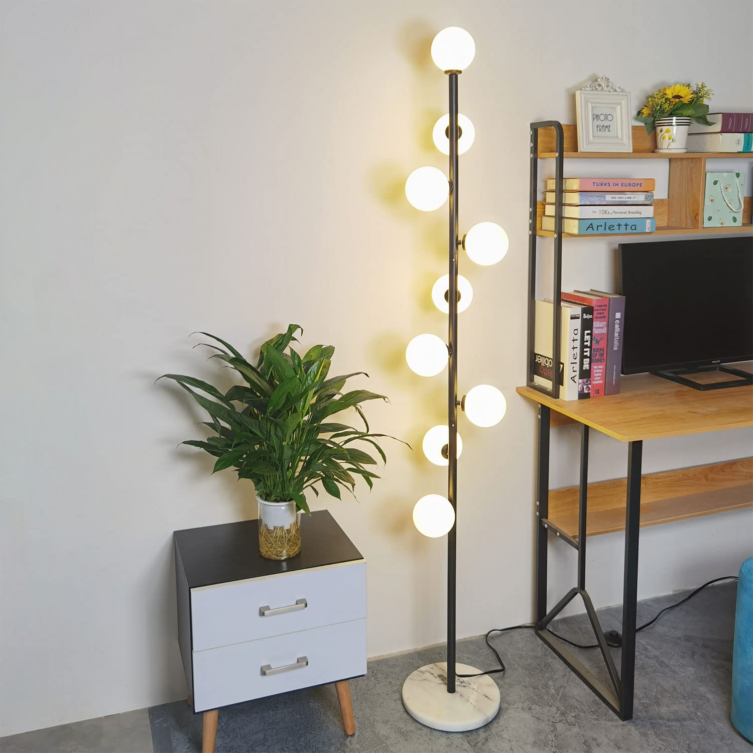 Modern Black Floor Lamp with 9 LED Bulbs - Creative Globe High Pole Standing Tree Lamp for Living Room, Bedroom, Office - Perfect for Reading, Relaxing & Home Decor