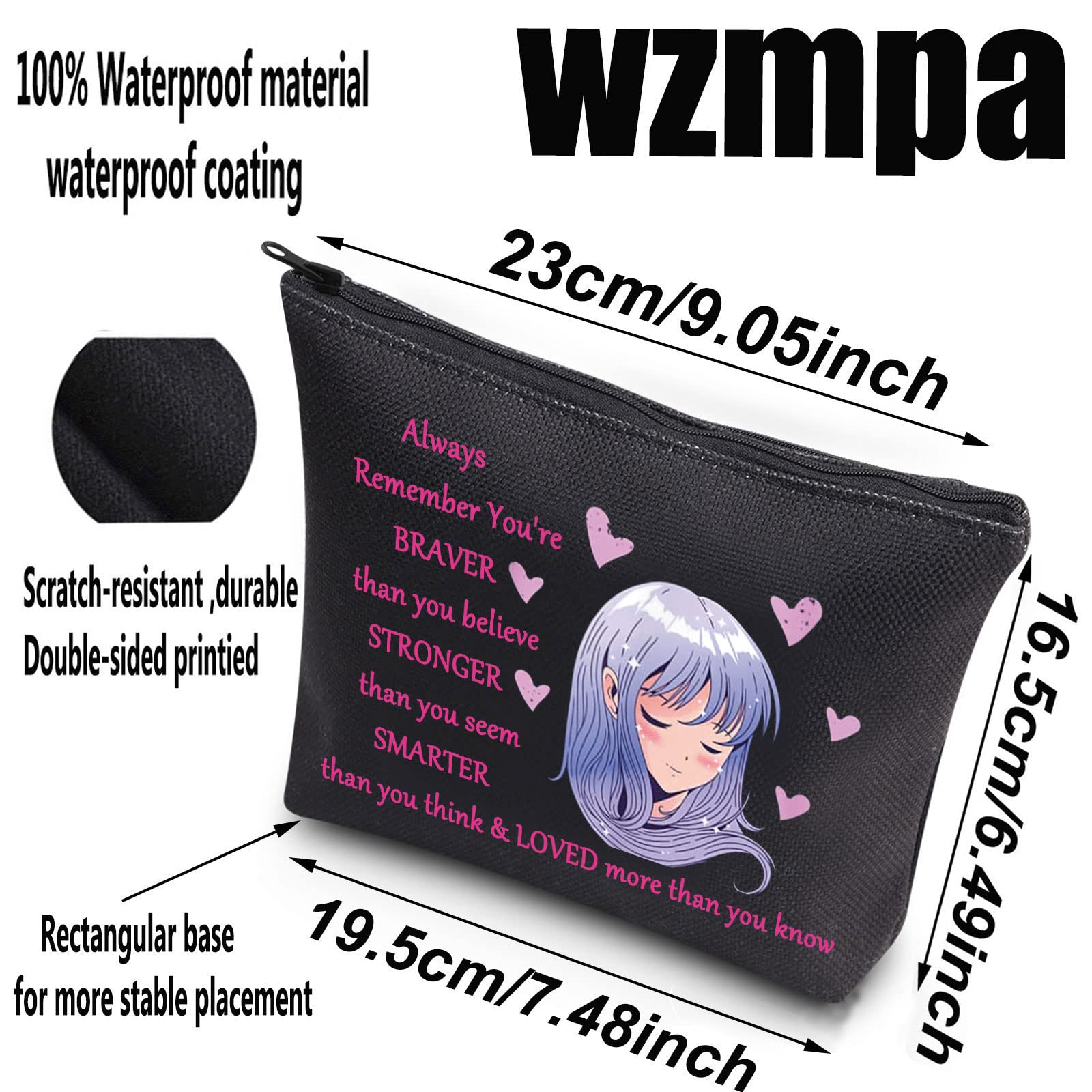 Anime Makeup Bag for Women & Teens - WZMPA Cute Cosmetic Pouch with Inspirational Quote 'You Are Braver Stronger Smarter Than You Think' - Perfect Gift for Anime Fans, Japan Anime Lovers & BL Enthusiasts - Great for School, Travel & Cosplay Accessories