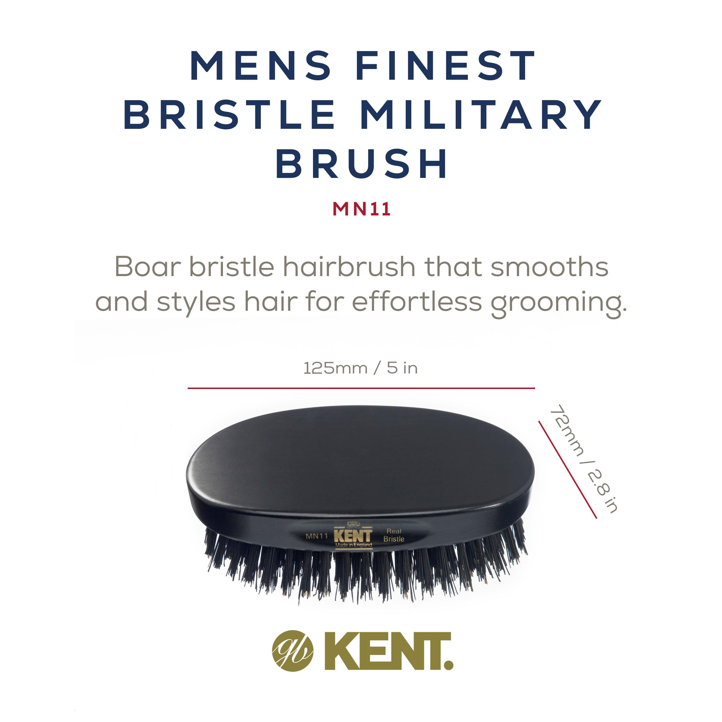 Kent MN11 Premium Men's Hair & Beard Brush - Natural Black Boar Bristle for Grooming, Scalp Massage & 360 Waves - Perfect for Daily Styling & Beard Care at Home or Travel