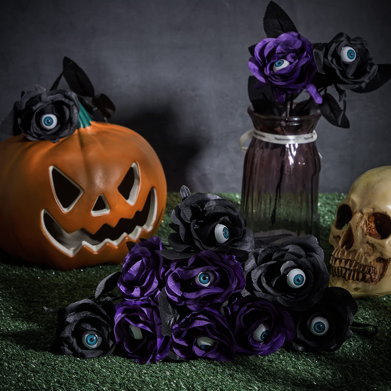 MTLEE 12-Pack Halloween Eyeball Flowers - Artificial Silk Roses with Creepy Eyeballs for Gothic Decor, Halloween Party Supplies, Home Decoration (Black & Purple) - Perfect for Spooky Centerpieces, Haunted House Props & Gothic Wedding Bouquets