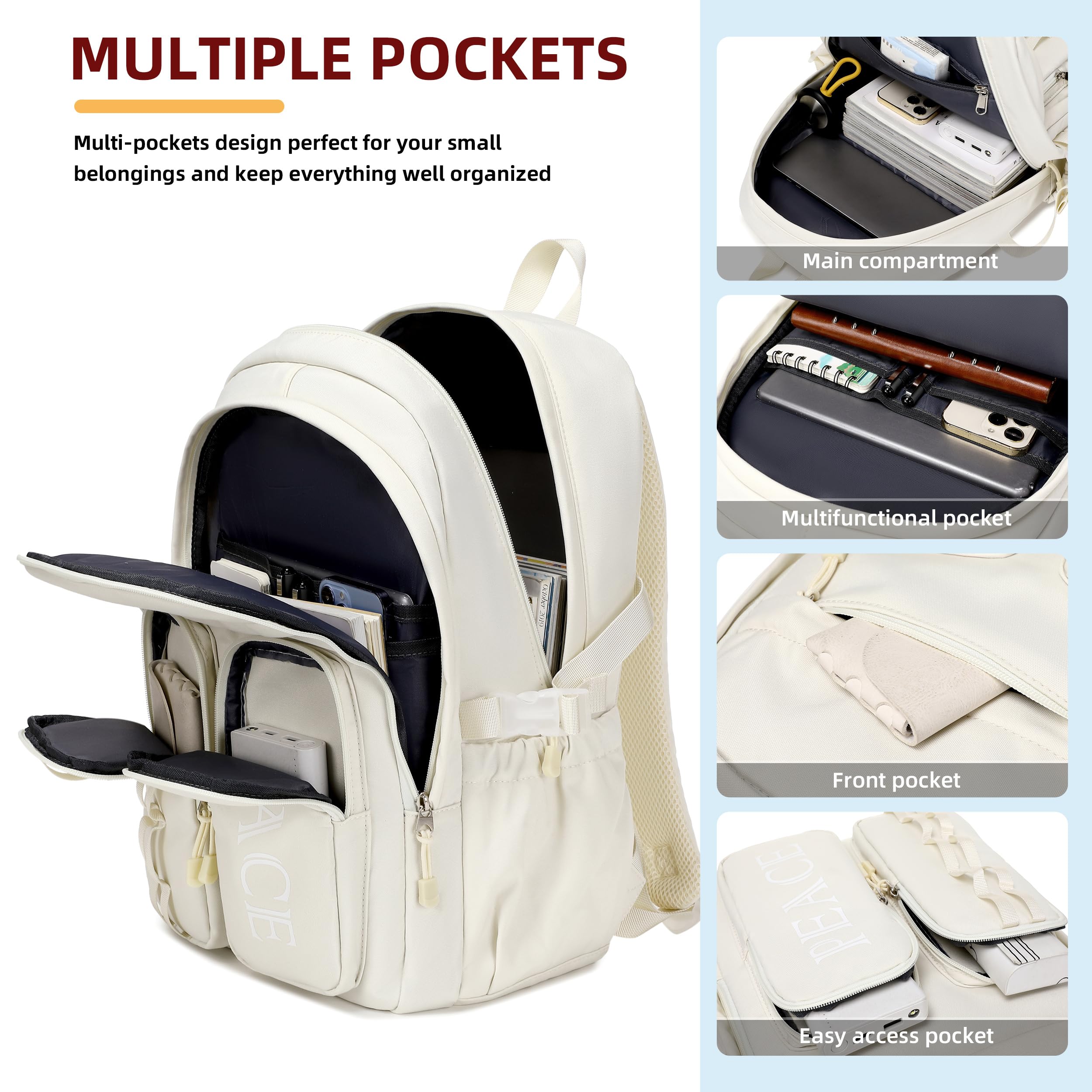 15.6 Inch Water Resistant Laptop Backpack for College Students - Durable Bookbag for Teens, Kids, Women & Men - School, Work, Travel & Sports Backpack in Off White | Perfect for Daily Commute, Business Trips & Outdoor Activities