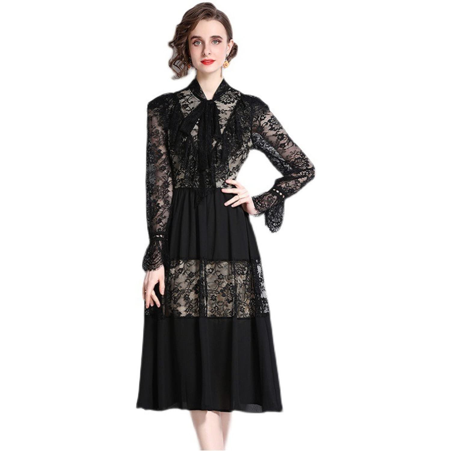 Elegant Black Lace Dress with Bow Tie Collar - Hepburn Style Little Black Evening Dress for Women | Perfect for Cocktail Parties, Date Nights & Formal Events