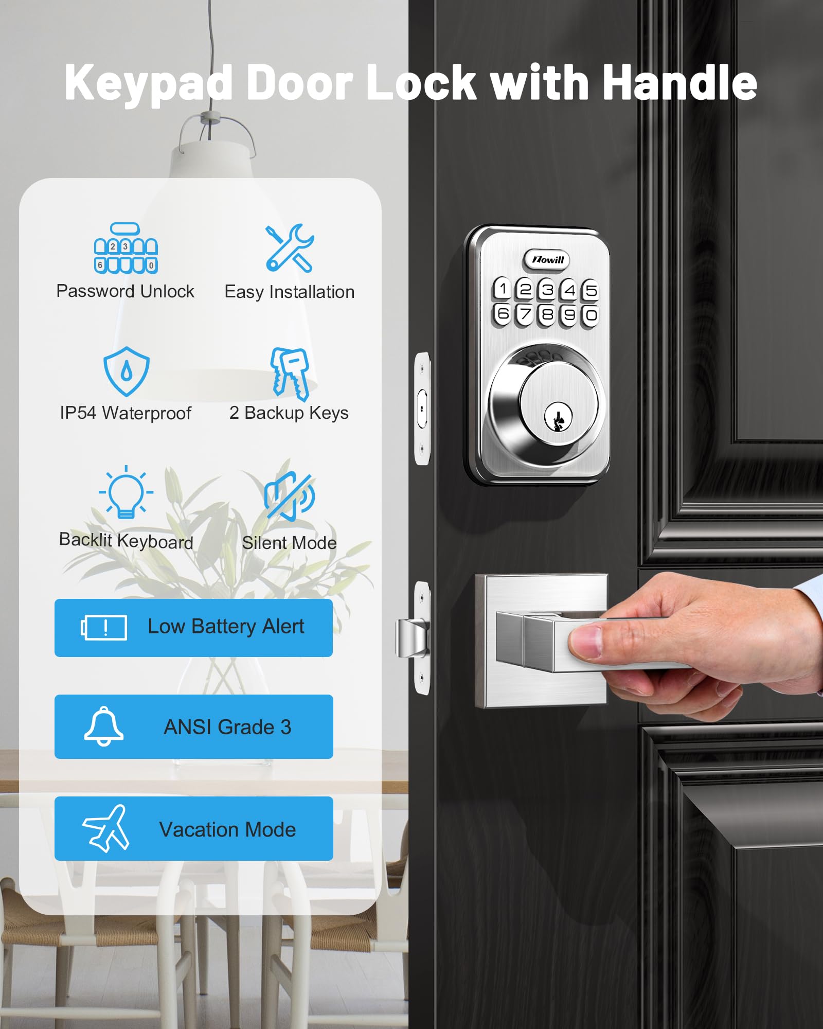 Zowill Smart Keyless Entry Door Lock - Electronic Keypad Deadbolt with Auto-Locking & Anti-Peeping Password, 2 Lever Handles in Satin Nickel for Front Door Security (Ideal for Homes, Apartments & Vacation Rentals)