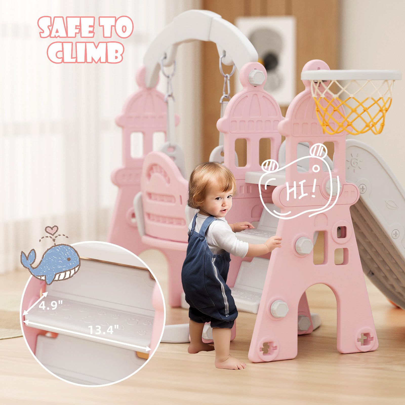 67i Toddler Swing and Slide Set for Kids Age 1-3 Years - Indoor & Outdoor Plastic Playset with Safety Belt, Basketball Hoop, HDPE Material (Pink) - Perfect for Backyard, Garden, Playroom and Preschool Activities