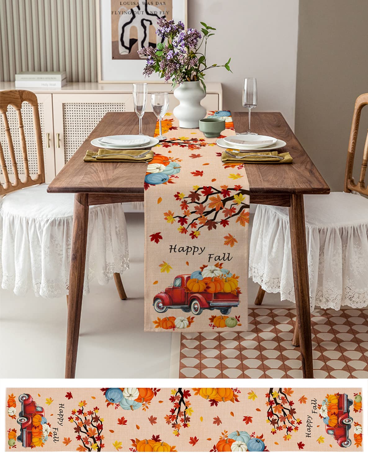 Thanksgiving Truck Fall Pumpkin Maple Leaves Table Runner - 13x90 Inches Long Washable Orange Autumn Decor for Round, Kitchen, Coffee, Dining & End Tables - Perfect for Thanksgiving, Fall Gatherings & Seasonal Home Decor