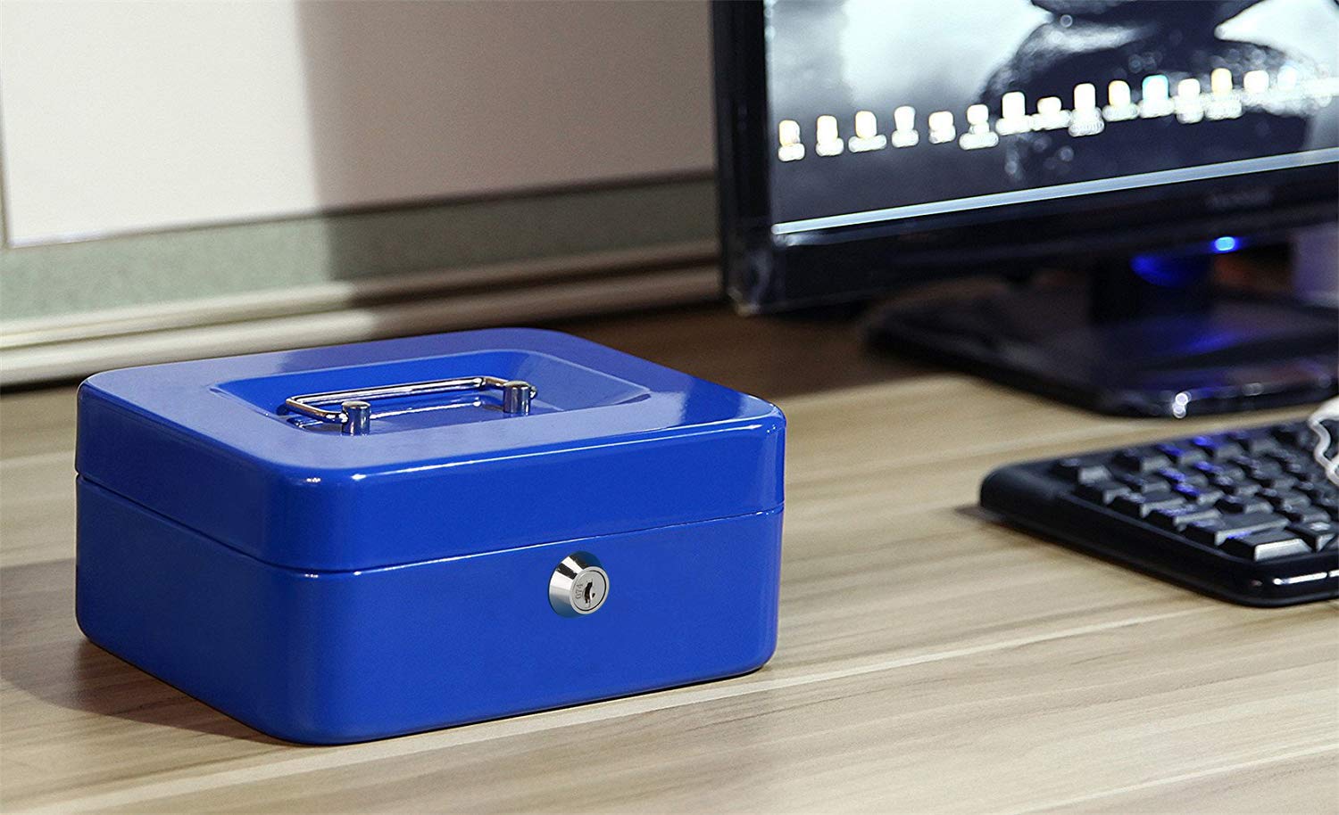 Jssmst Medium Steel Cash Box with Money Tray & Secure Lock - Blue - Ideal for Small Business, Home Office, Retail Store, and Cash Management