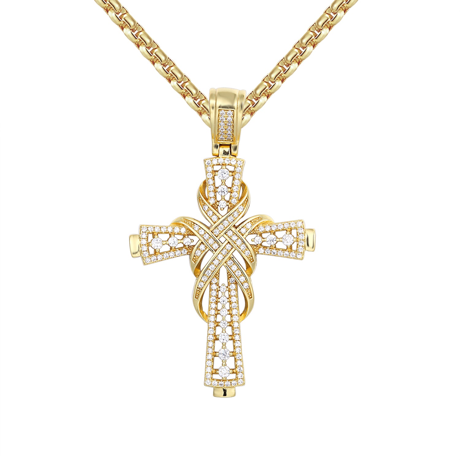 14k Gold Finish Solitaire Designer Ribbon Jesus Cross Pendant - Perfect for Religious Gifts, Baptism, First Communion & Everyday Faith Jewelry
