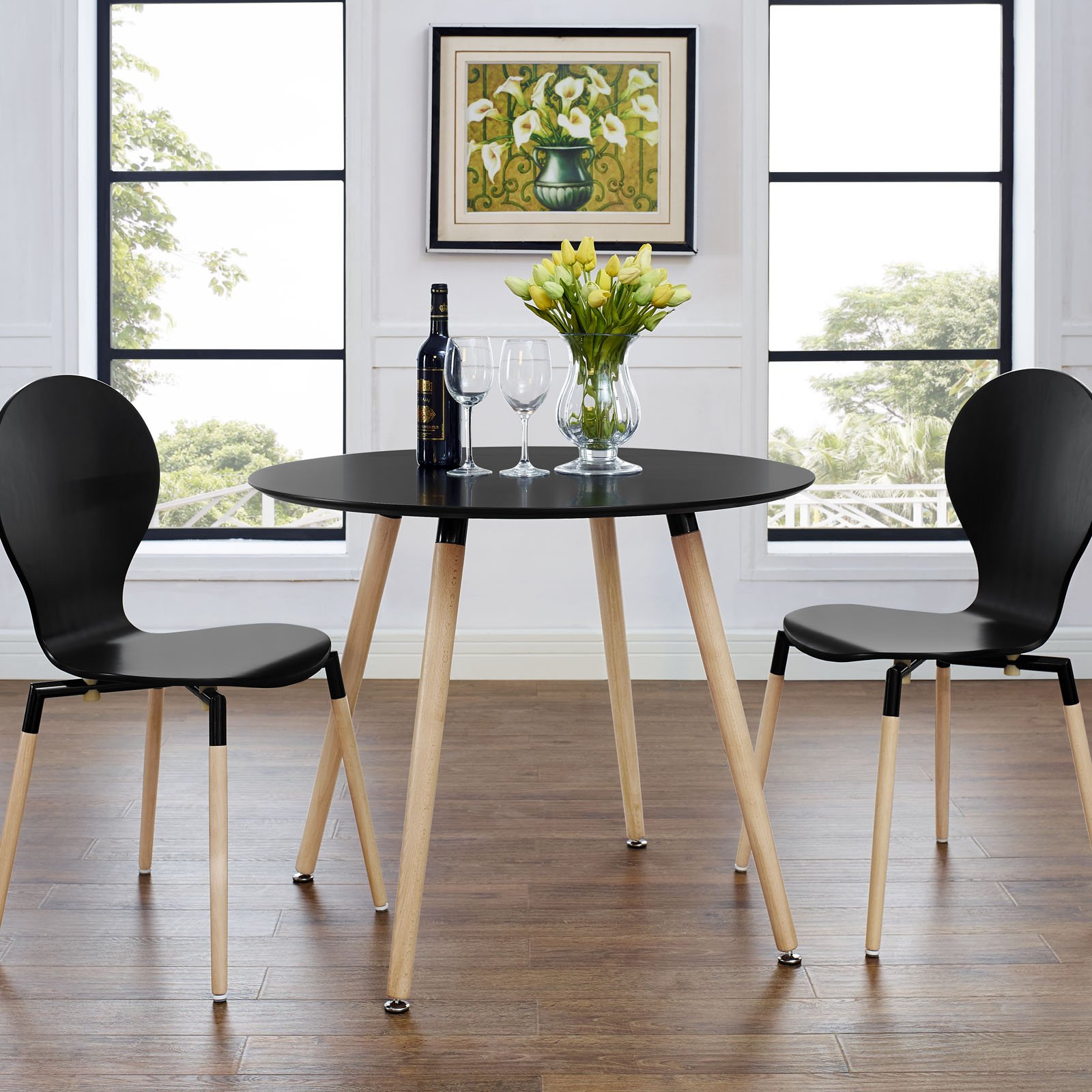 Modern Black Minimalist Kitchen Dining Table with Natural Wood Legs - Perfect for Small Spaces, Apartments & Contemporary Home Decor