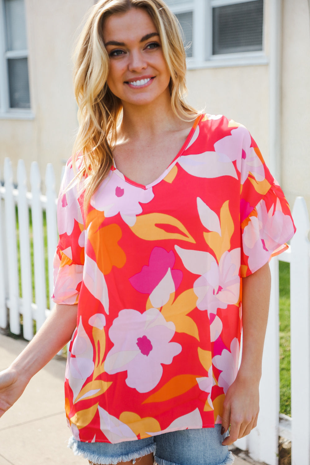 Haptics Tropical Vibes Peach Floral Dolman Ruffle Sleeve Blouse - Women's Casual Summer Top for Beach Vacation & Boho Outfits