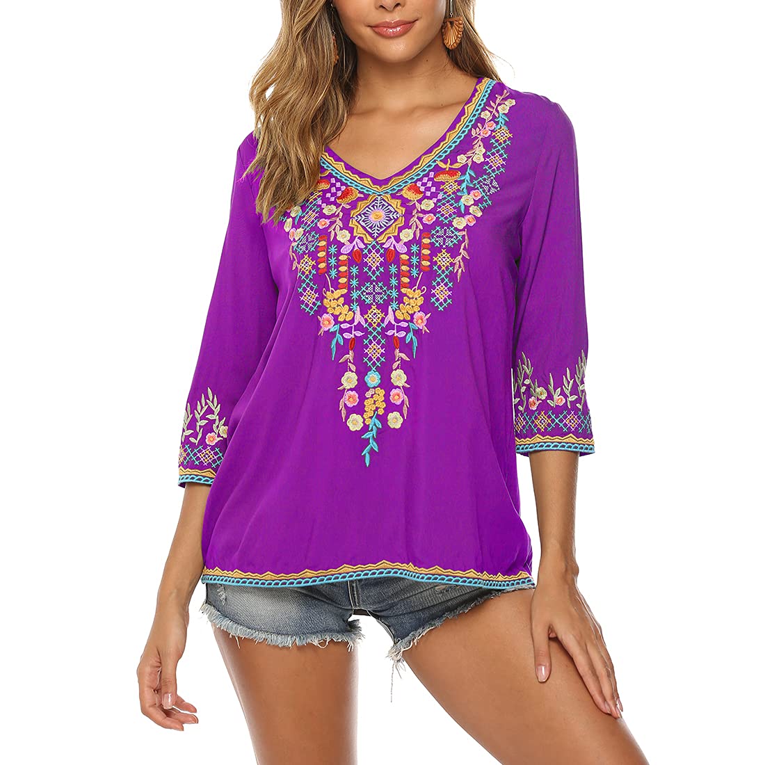AK Women's Embroidered 3/4 Sleeve V-Neck Peasant Blouse - Traditional Mexican Tunic Top for Women | Perfect for Festivals, Vacations & Boho Chic Outfits