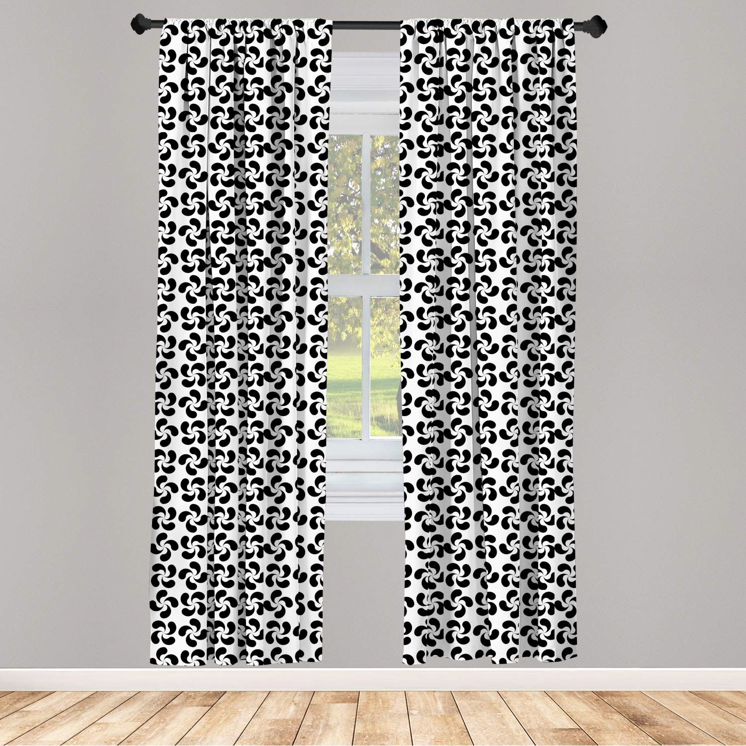Ambesonne Pinwheel Curtains - Modern Black and White Flower Leaves Wind Wheels Design, 2 Panel Set (28