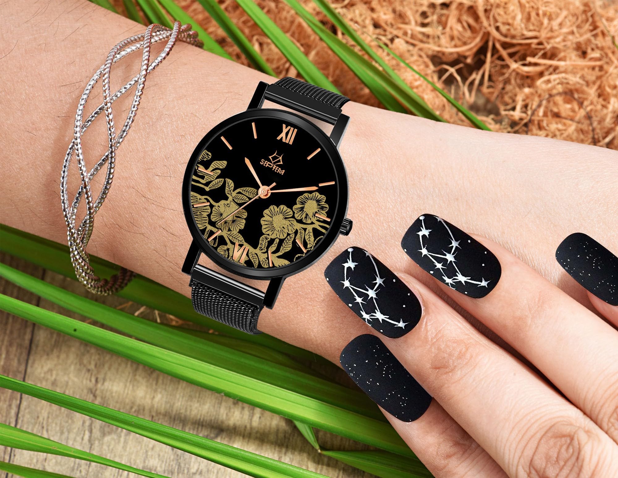 Septem 134 - Stylish Green Floral Analog Wrist Watch for Women & Girls | Elegant Fashion Accessory for Casual Wear, Office & Special Occasions