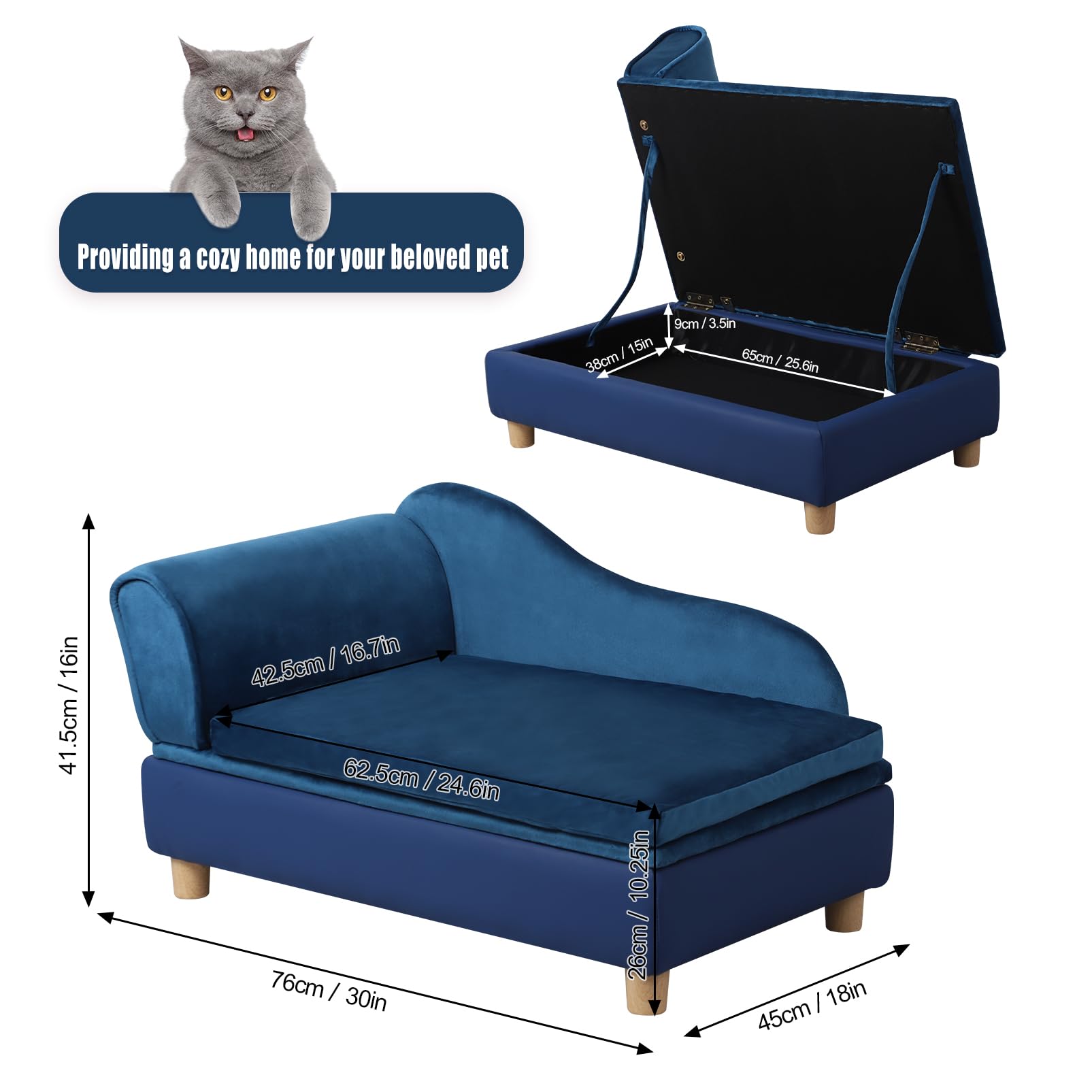 Premium Pet Bed Sofa for Small Dogs & Cats - Washable Removable Cushion, Storage Space - Cozy Puppy Couch for Living Room, Bedroom & Travel (Blue)