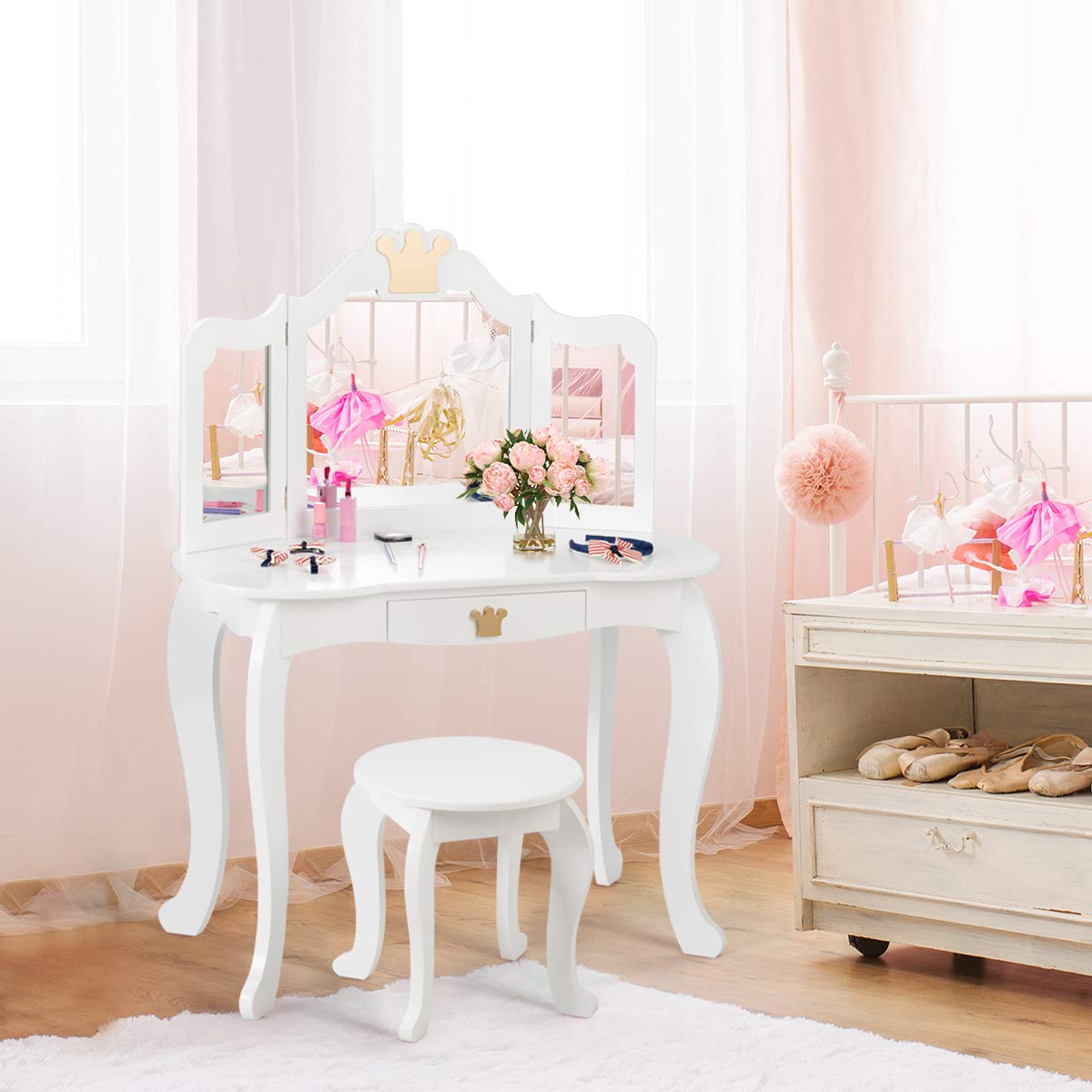 GIANTEX Kids Vanity Table with Stool, Removable Mirror & Makeup Drawer - Wooden Dresser for Girls in White - Perfect for Bedroom, Playroom & Gift Giving