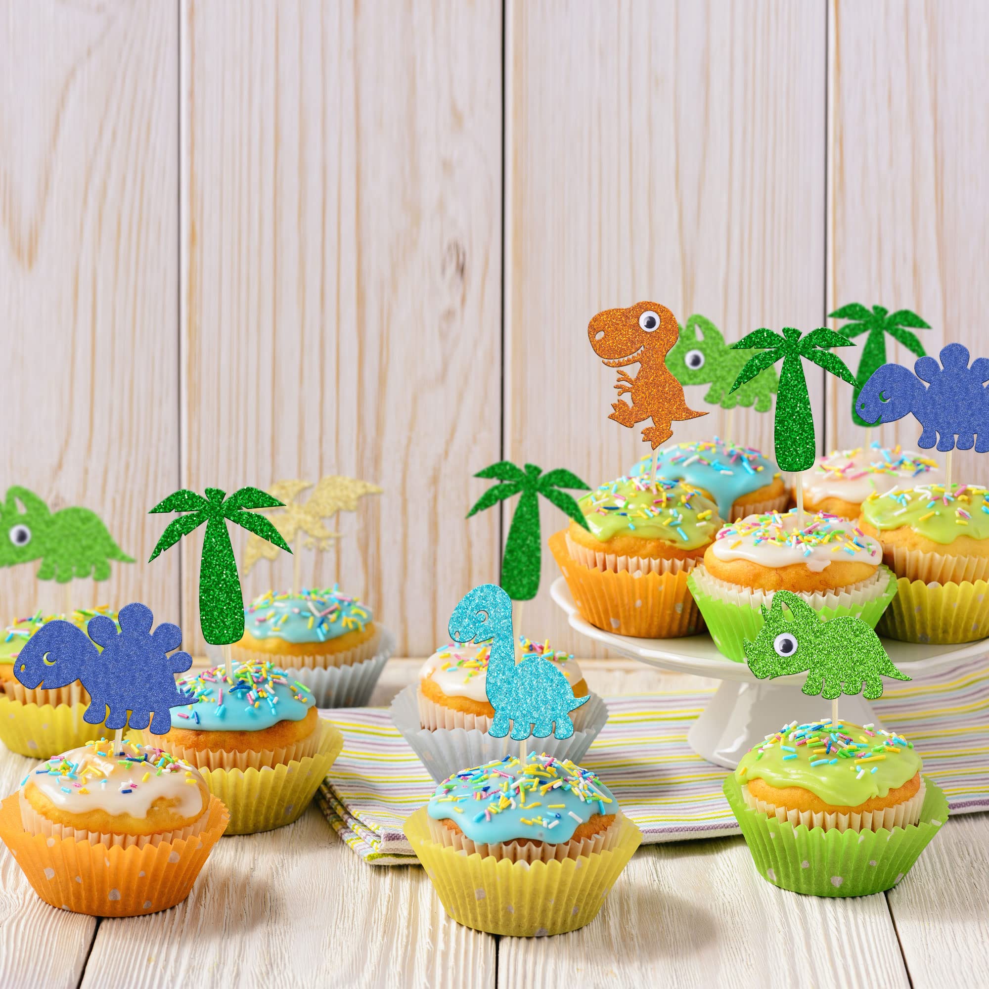 24Pcs Green Glitter Dinosaur Cupcake Toppers - Cute Baby Dinosaur Cake Decorations for Kids Birthday Party, Baby Shower & Dinosaur Theme Events - Perfect for Cupcakes, Cakes & Dessert Decorations