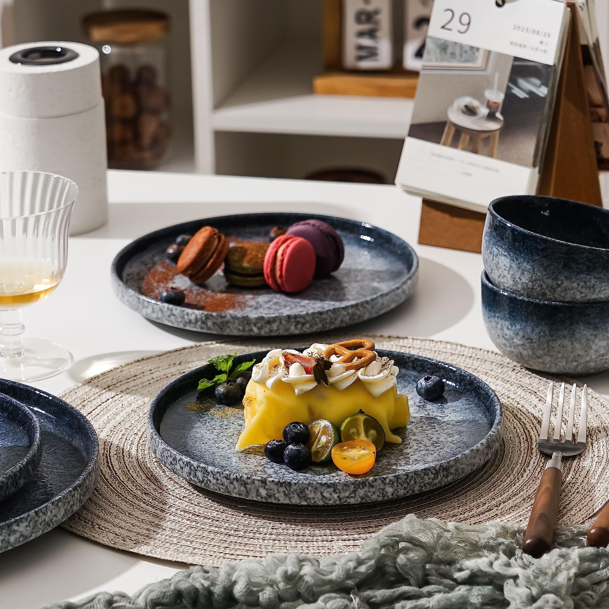S&Q's Ceramic Flat Dessert Salad Plates - 8 Inch Set of 6, Microwave & Dishwasher Safe, Scratch Resistant Dark Blue Plates for Appetizers, Small Dinners, Parties & Home Decor