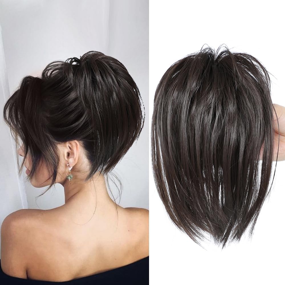 Miss Lirenn® Clip-on Ponytail Hair Extension for Women - 8 Teeth Claw Messy Bun Synthetic Hairpiece (12 Inches, Brown, Matte Finish) - Natural-Looking Washable Hair Extensions for Daily Wear & Special Occasions