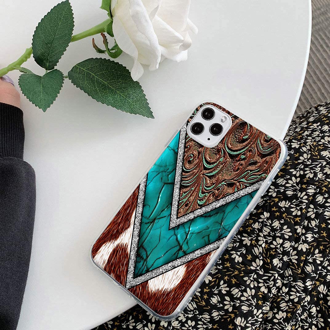 iPhone 12/12 Pro Clear Case - Slim Soft TPU Western Cowhide Turquoise & Brown Animal Print Shockproof Protective Cover | Perfect for Everyday Use, Travel & Outdoor Activities