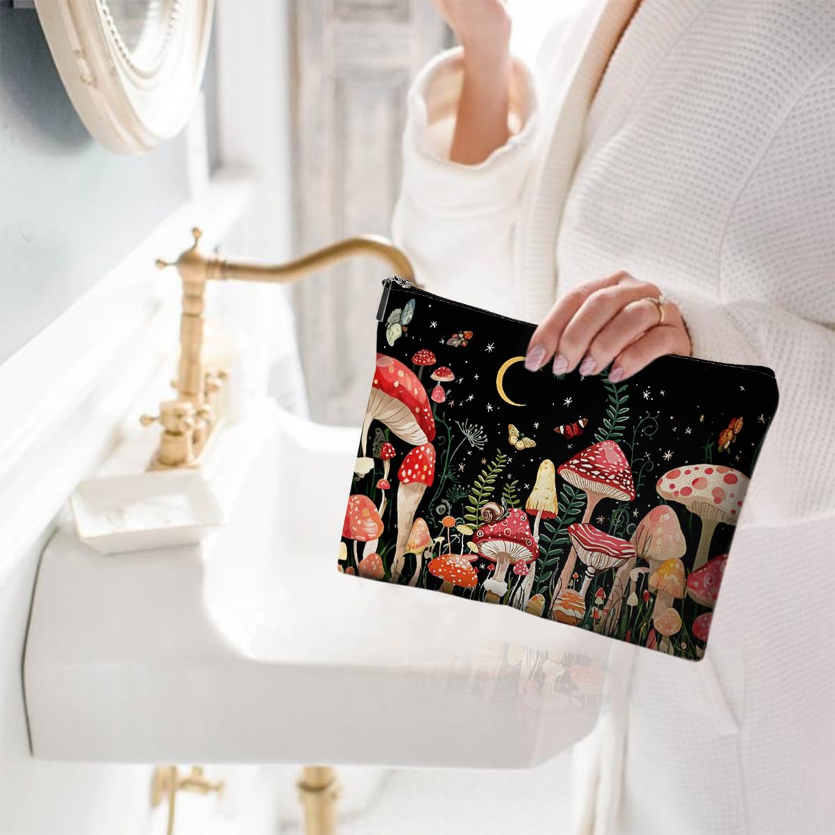 Cute Small Waterproof Canvas Makeup Bag for Women - Zipper Travel Cosmetic & Toiletry Pouch (Mushroom Design) - Perfect for Purse, Travel, Gym & Daily Essentials Organization
