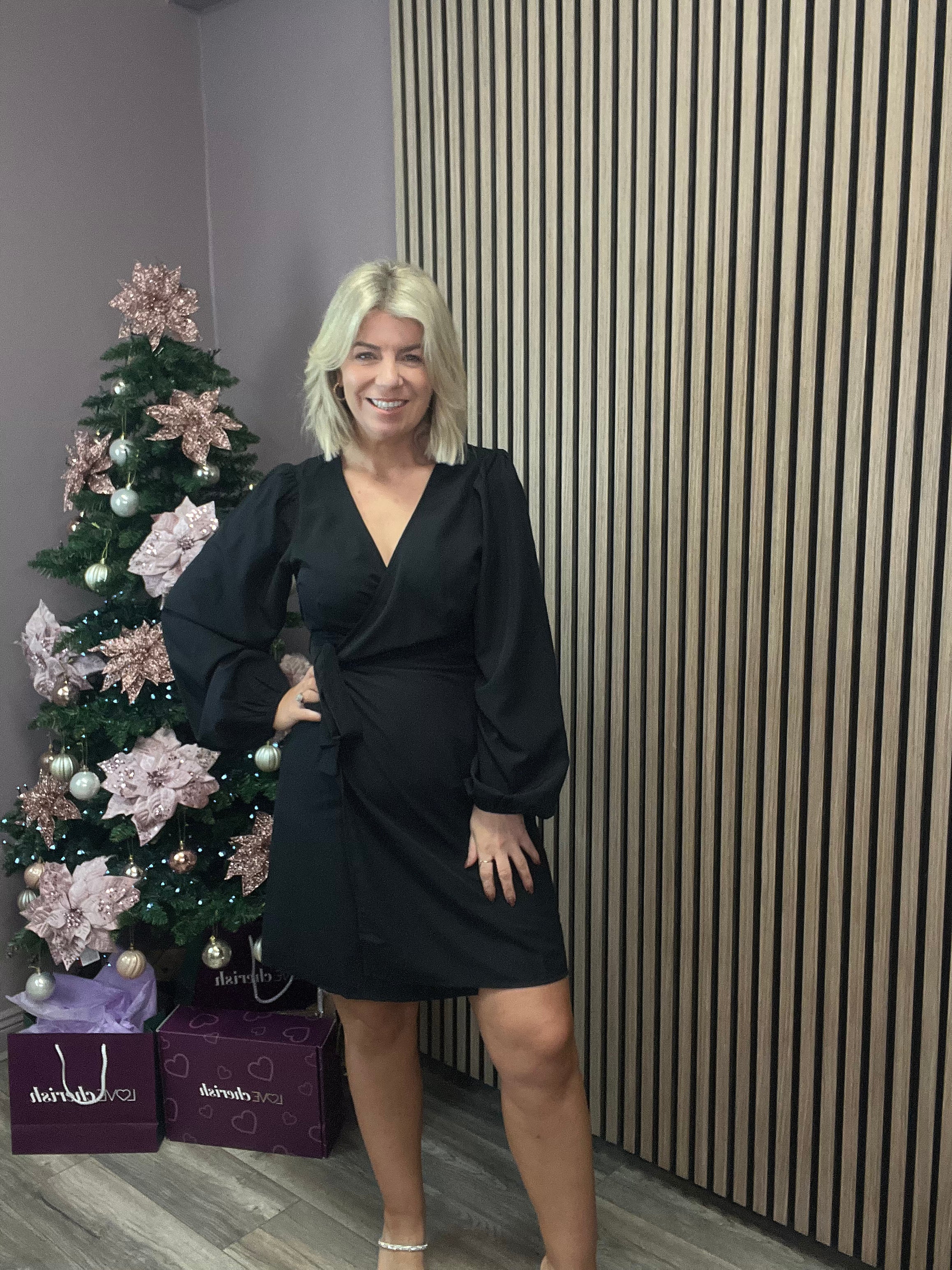 IZA Long Sleeve Wrap Dress for Women - Elegant Black Maxi Dress for Office, Party & Evening Wear