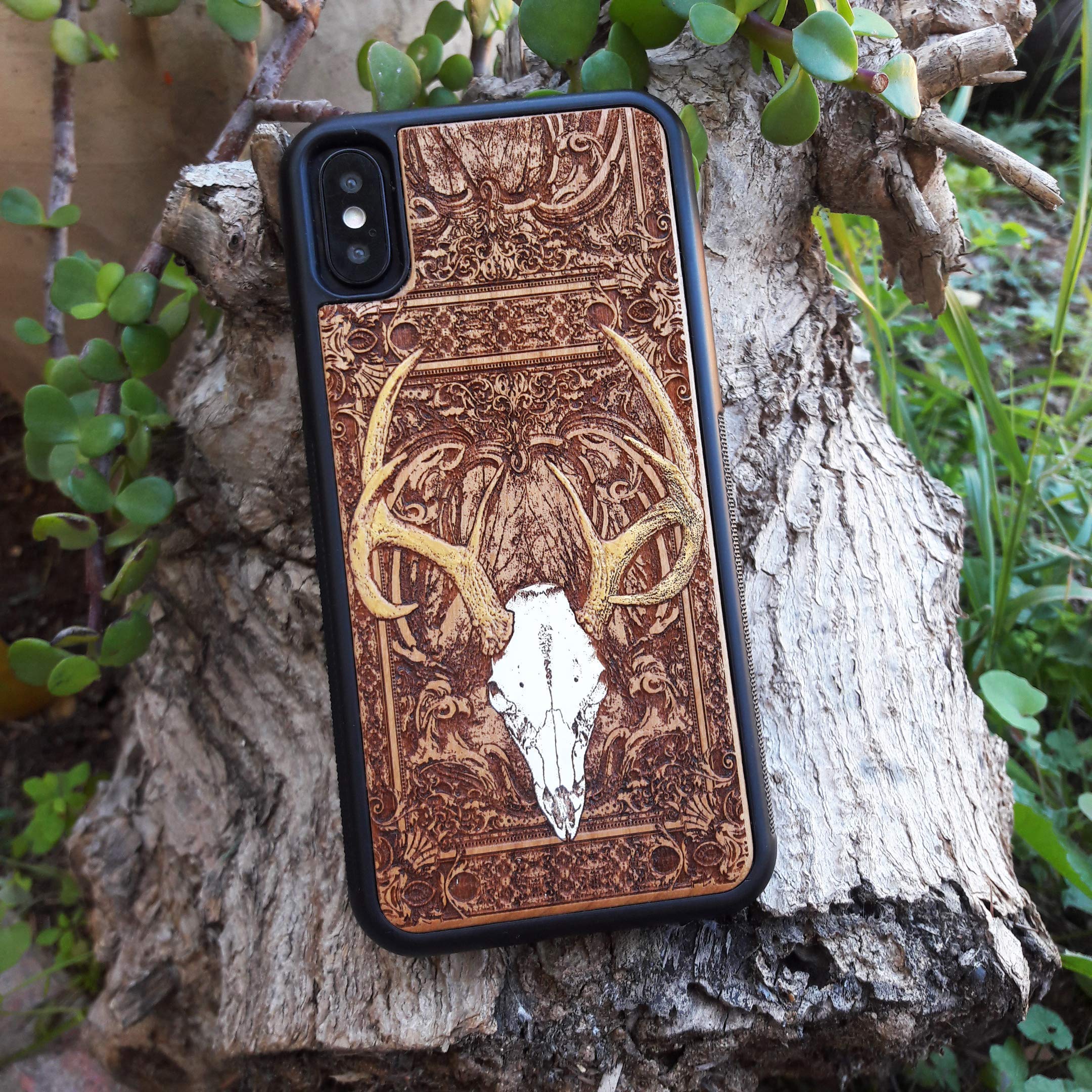 Hand-Painted Deer Skull Laser Engraved Wooden Phone Case for iPhone 16/15/14/13/12/11 Pro Max/Mini & Galaxy S25/S24/S23/S22/S21/S20 Ultra Plus - Eco-Friendly Slim Durable Wood Cover - Perfect for Outdoor Adventures, Nature Lovers & Unique Gift Ideas