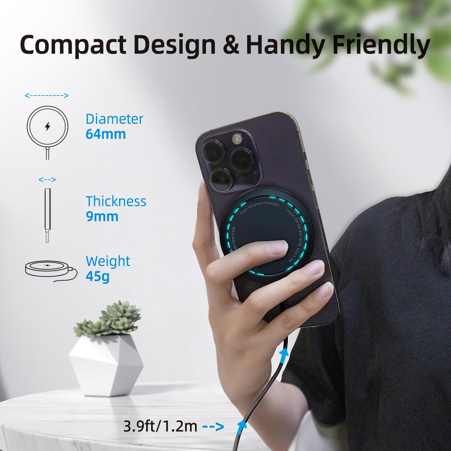 15W Max Fast Magnetic Wireless Charger Pad for iPhone 15/14/13/12 - USB-A Converter Included - Black - Perfect for Home, Office & Car Charging