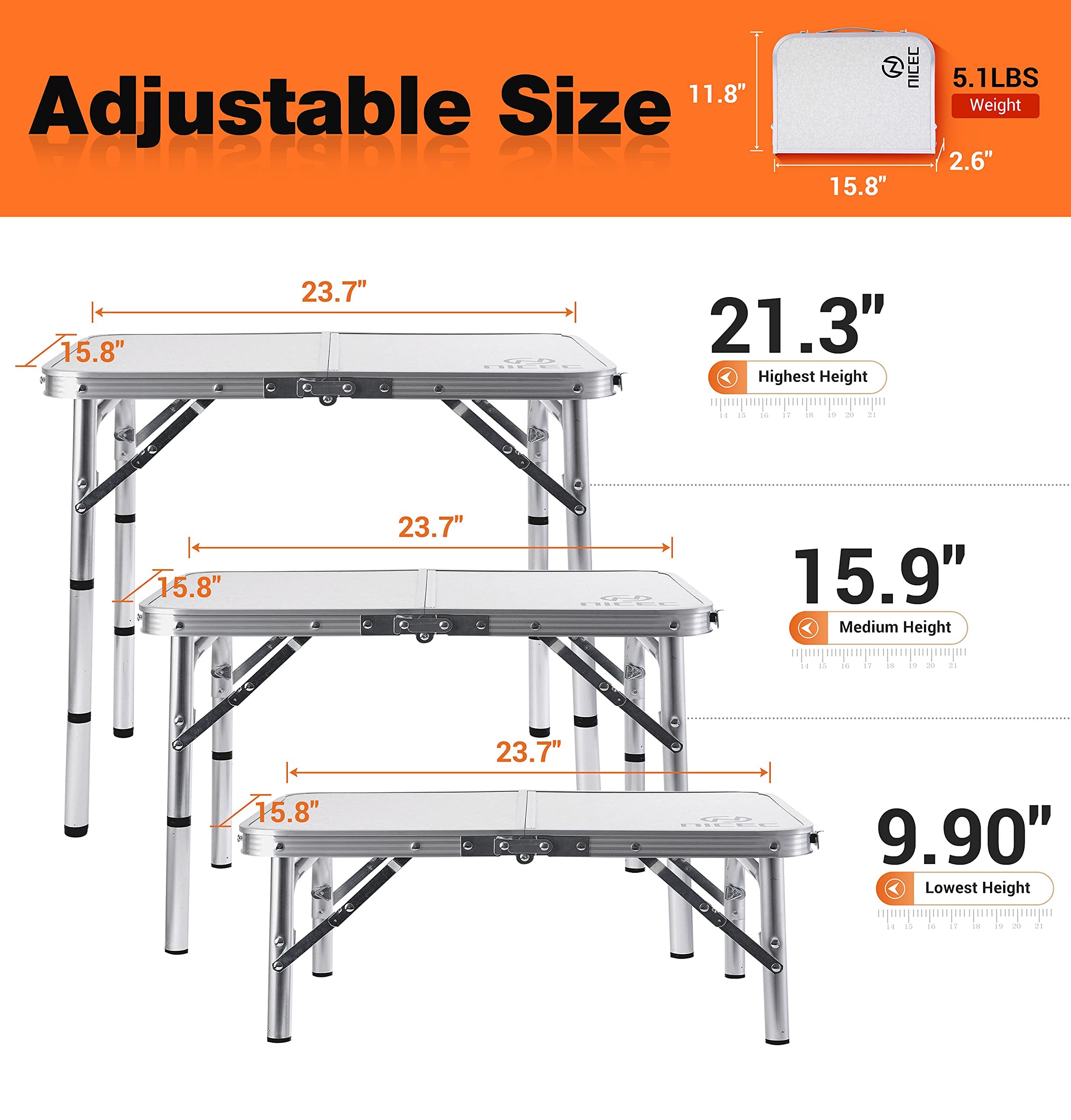 Foldable Aluminum Picnic Table - Adjustable Height, Lightweight & Portable with Carry Handle for Camping, Beach, Office & Indoor Use | Perfect for Outdoor Gatherings, BBQs & Small Spaces