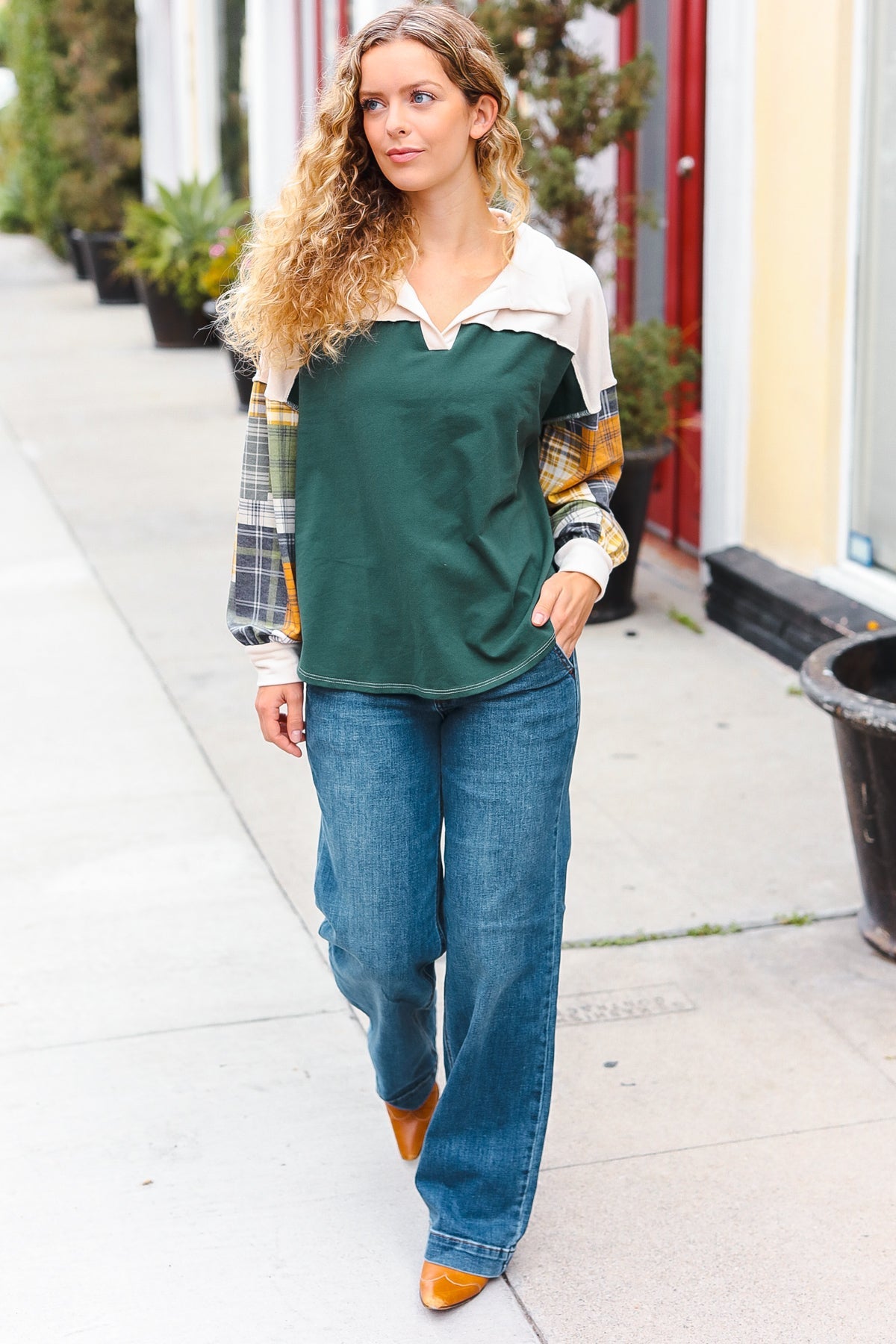 Fall For You Hunter Green Plaid Color Block Collared Terry Top - Women's Fashion Long Sleeve Shirt for Autumn Outfits, Casual Wear & Layering