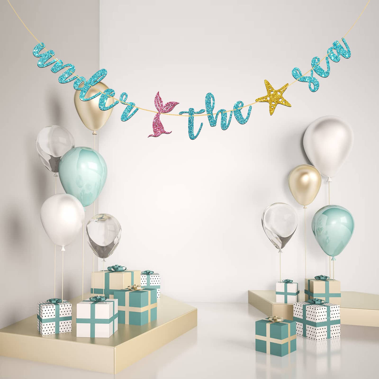 Mermaid Birthday Banner - Under the Sea Theme Party Decorations with Blue Glitter for Girls - Perfect for Ocean Themed Parties, Baby Showers & Birthday Celebrations