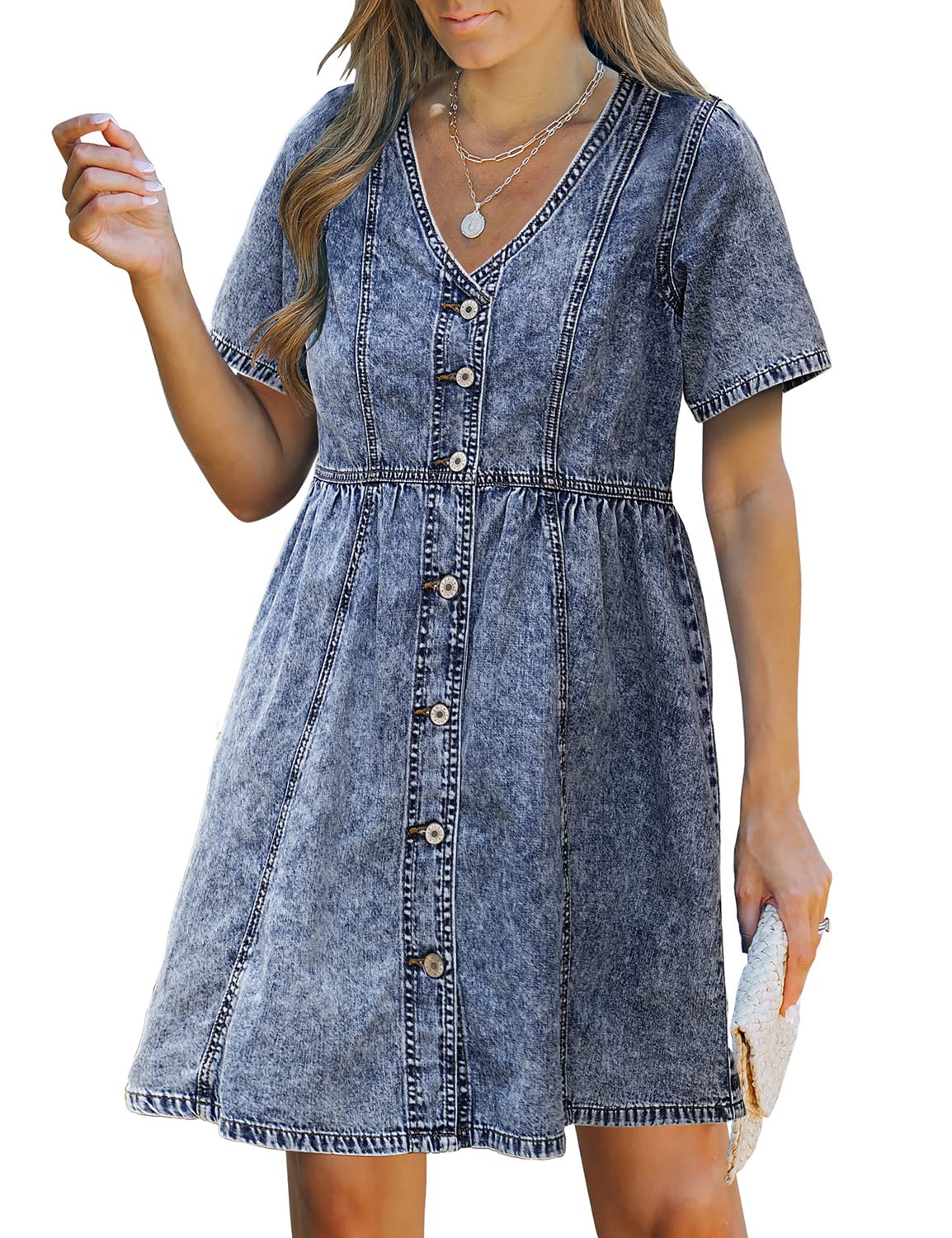 Luvamia Women's Denim Dress - Button Down Western Short Jean Dress for Summer | Casual Outfit, Beach Wear & Boho Style Fashion