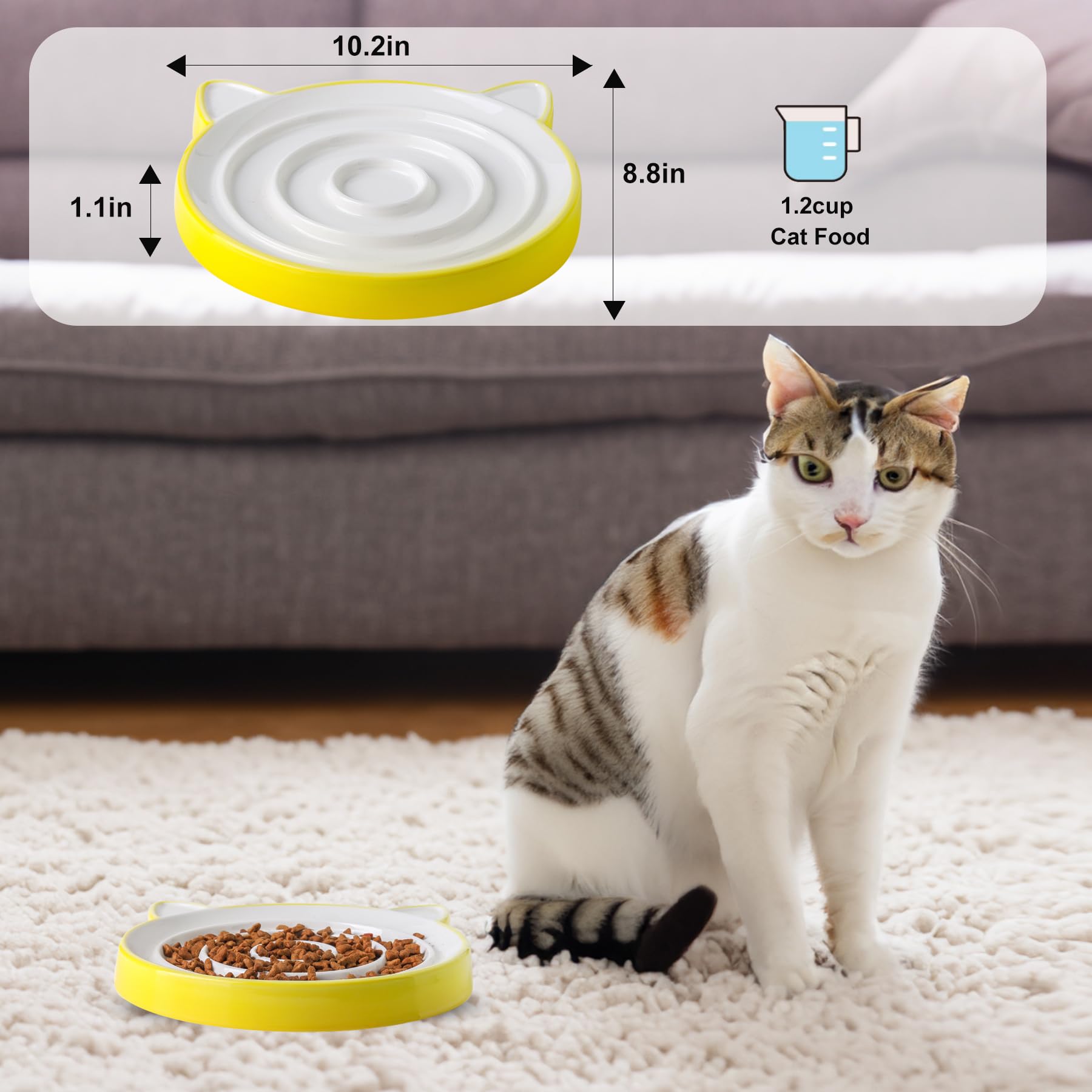 Cat Slow Feeder Bowl - 8.8'' Ceramic Puzzle Feeder with Cat Ears Design, Heavy & Shallow Whisker-Friendly Pet Dish for Stress-Free Eating - Perfect for Fast Eaters & Portion Control (Yellow)